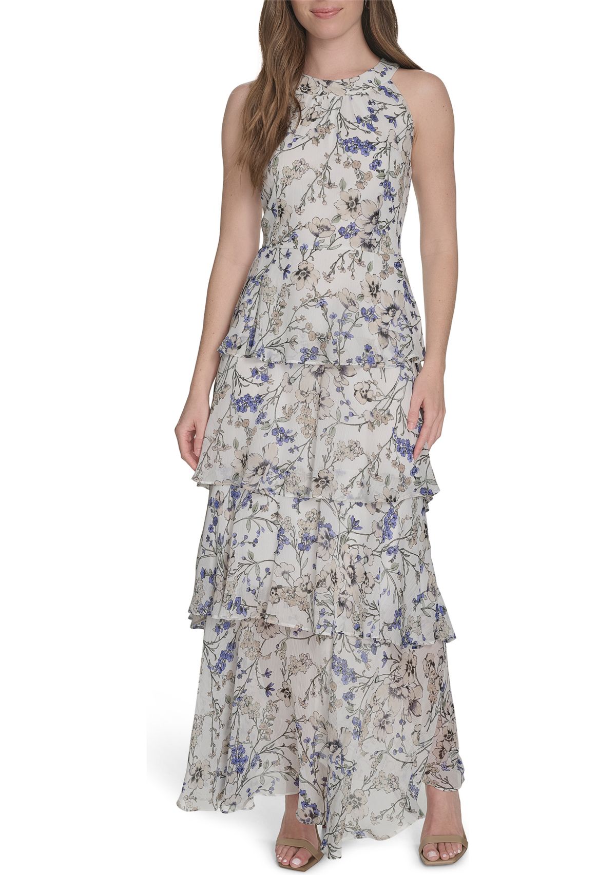 Womens Sleeveless Halter Tiered Chiffon Maxi Dress