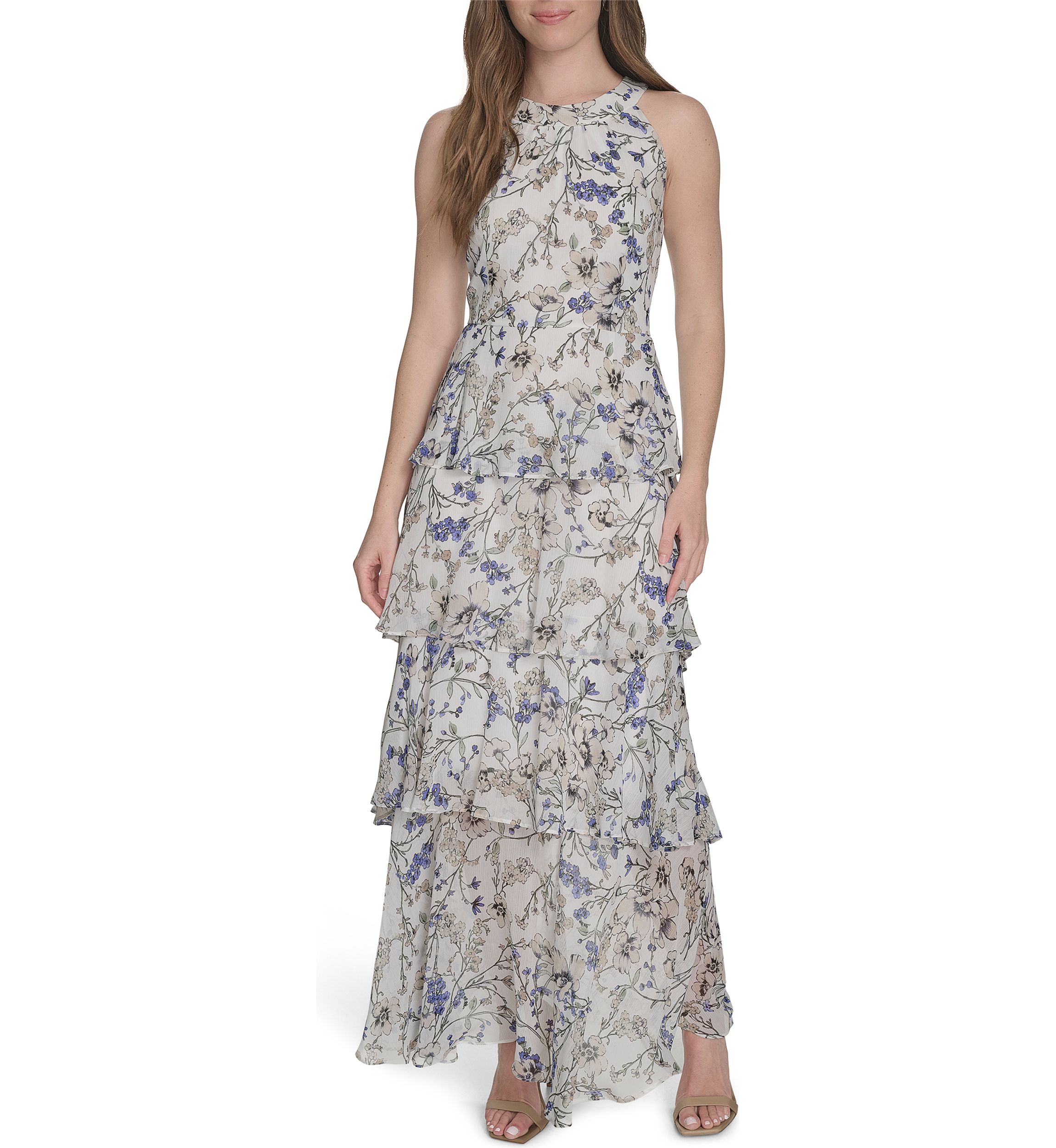 Womens Sleeveless Halter Tiered Chiffon Maxi Dress