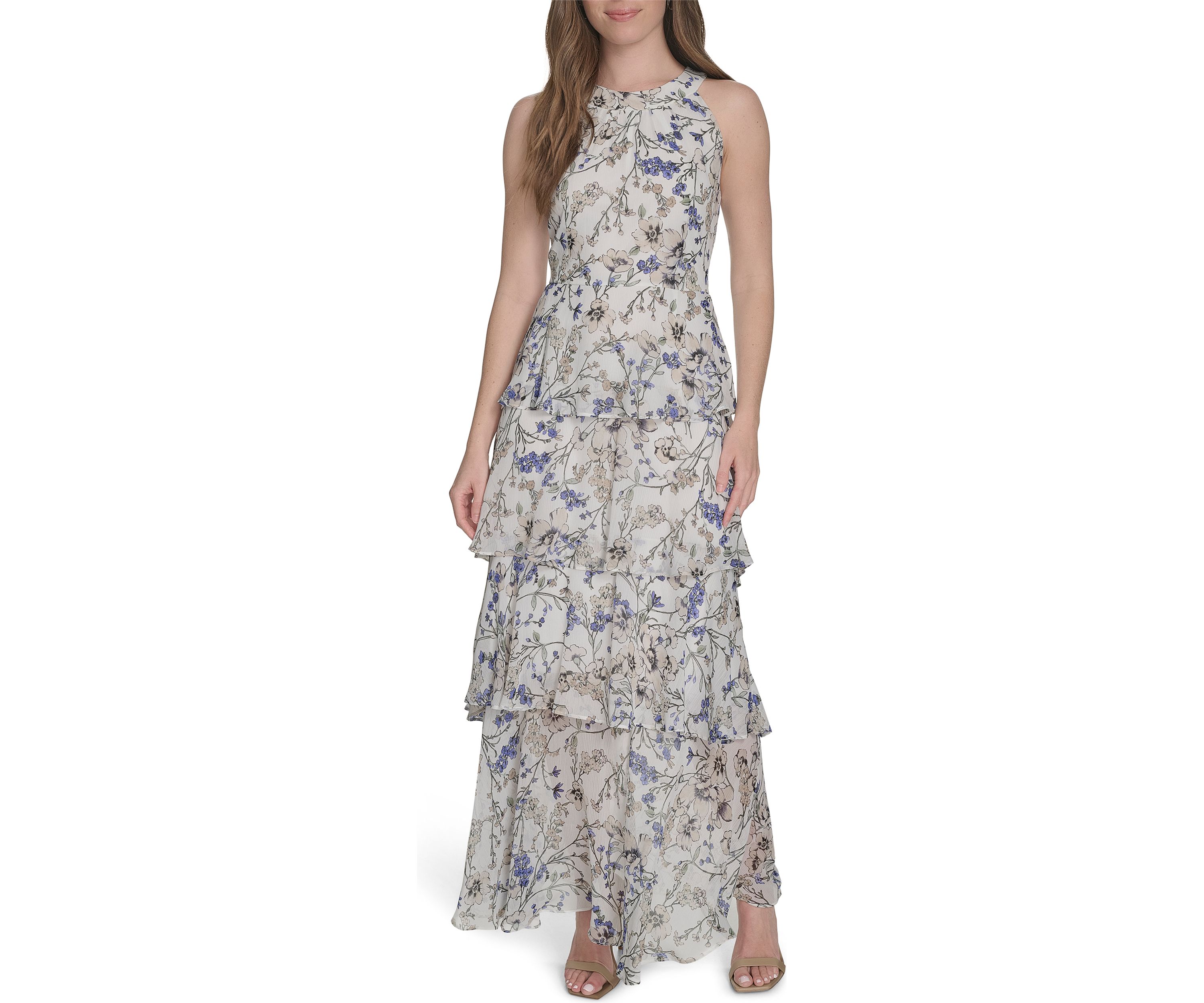 Womens Sleeveless Halter Tiered Chiffon Maxi Dress