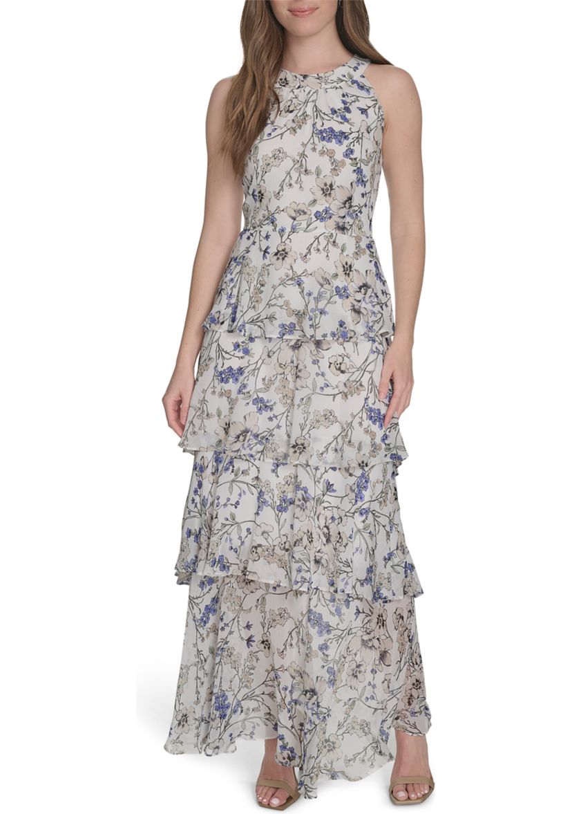 Womens Sleeveless Halter Tiered Chiffon Maxi Dress