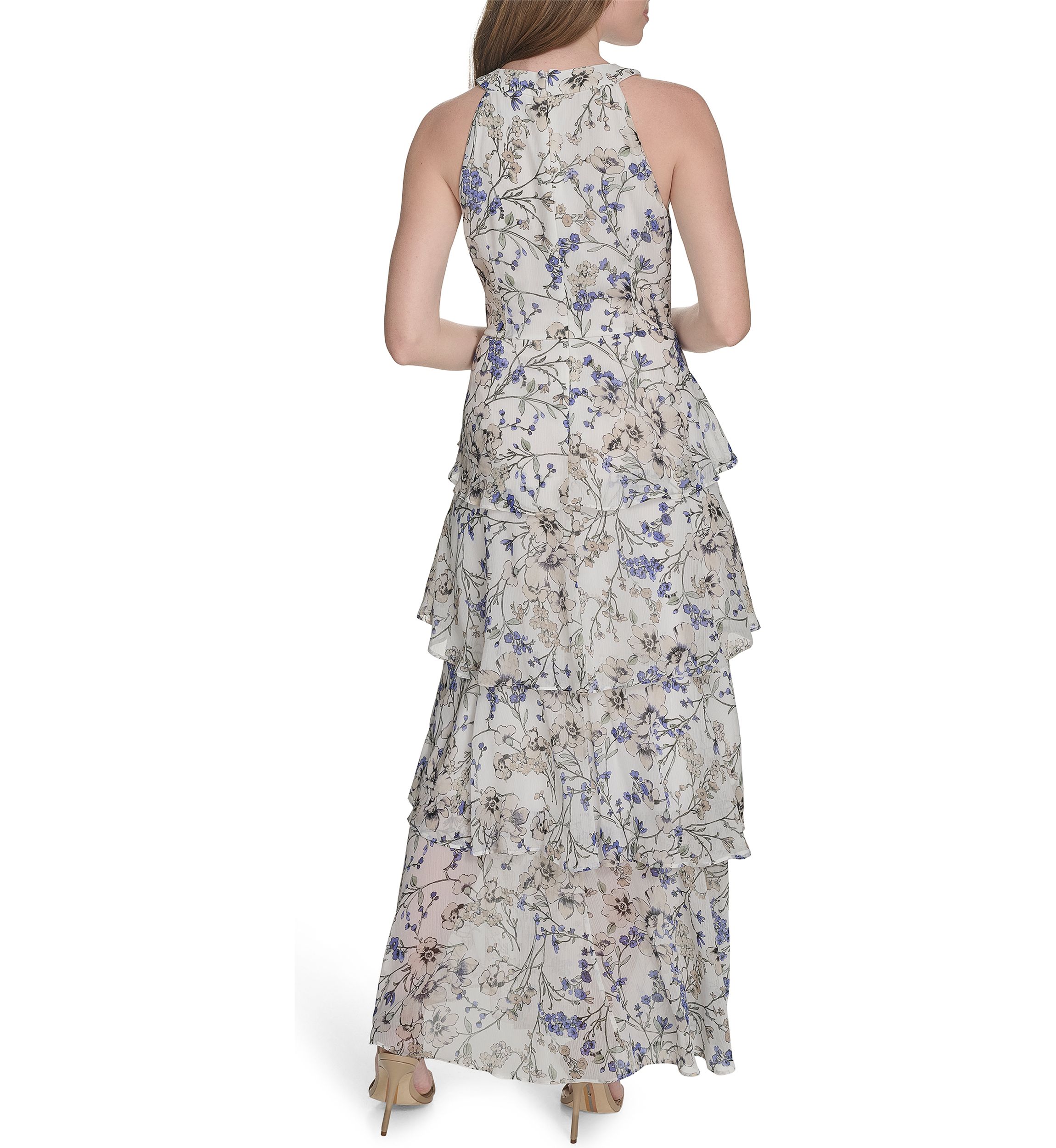 Womens Sleeveless Halter Tiered Chiffon Maxi Dress