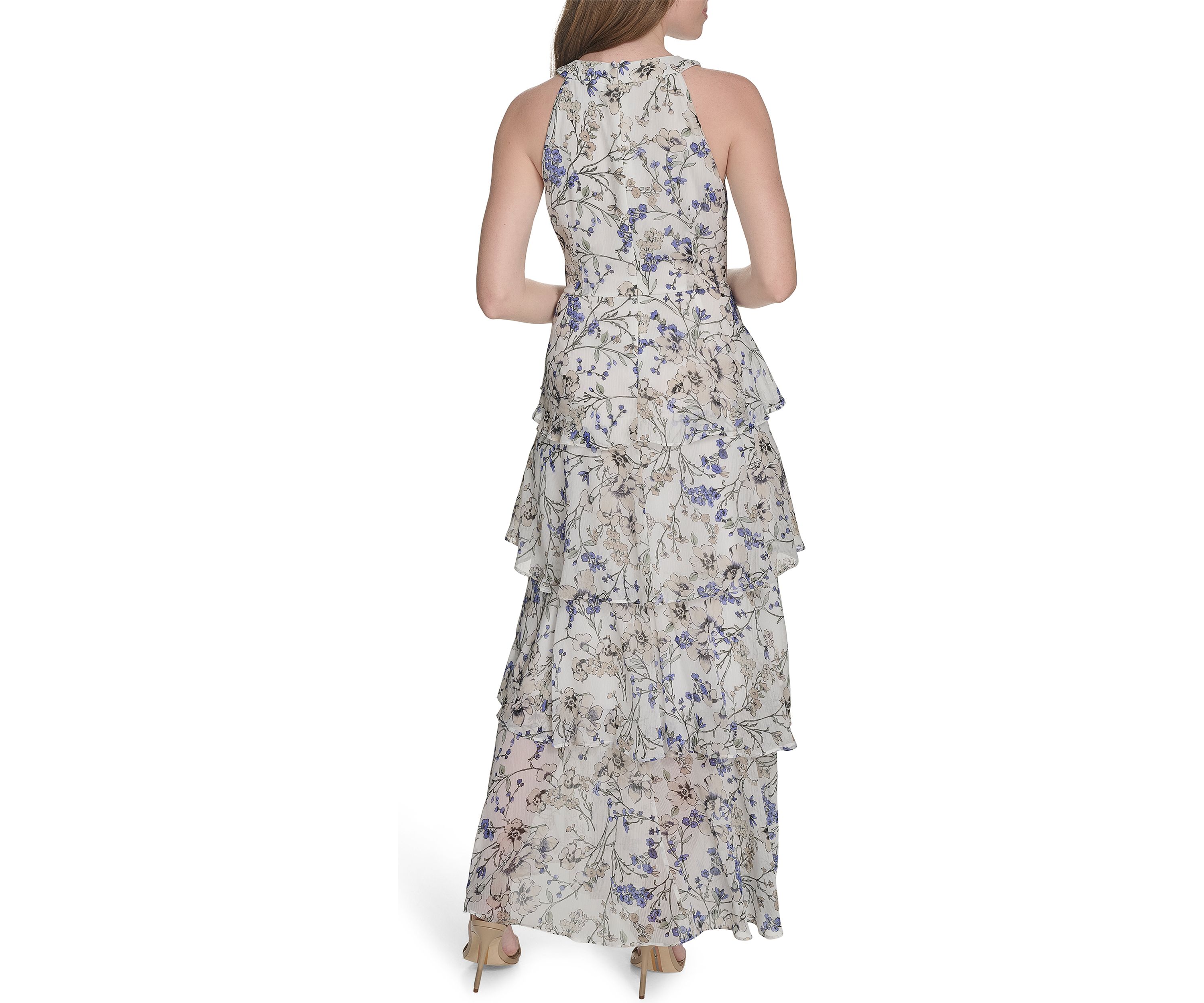 Womens Sleeveless Halter Tiered Chiffon Maxi Dress