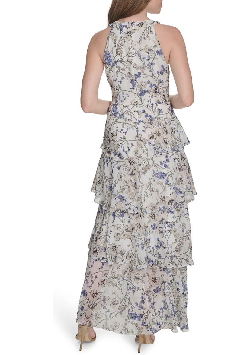 Womens Sleeveless Halter Tiered Chiffon Maxi Dress