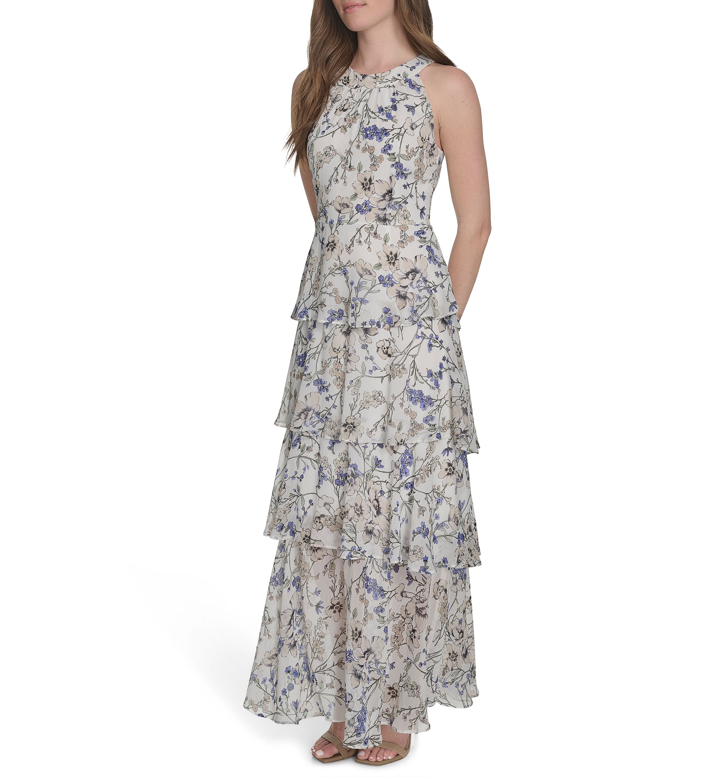 Womens Sleeveless Halter Tiered Chiffon Maxi Dress