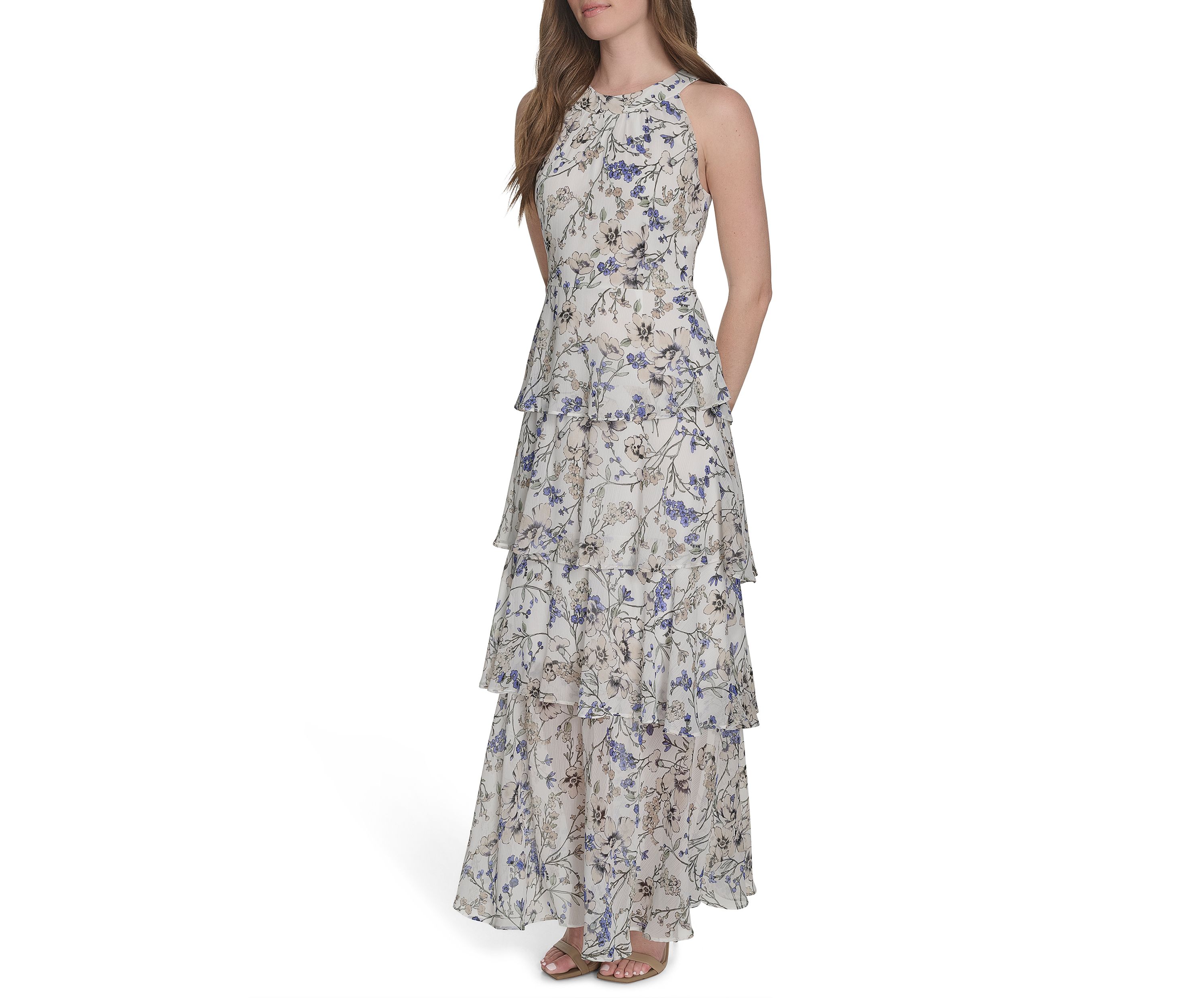 Womens Sleeveless Halter Tiered Chiffon Maxi Dress