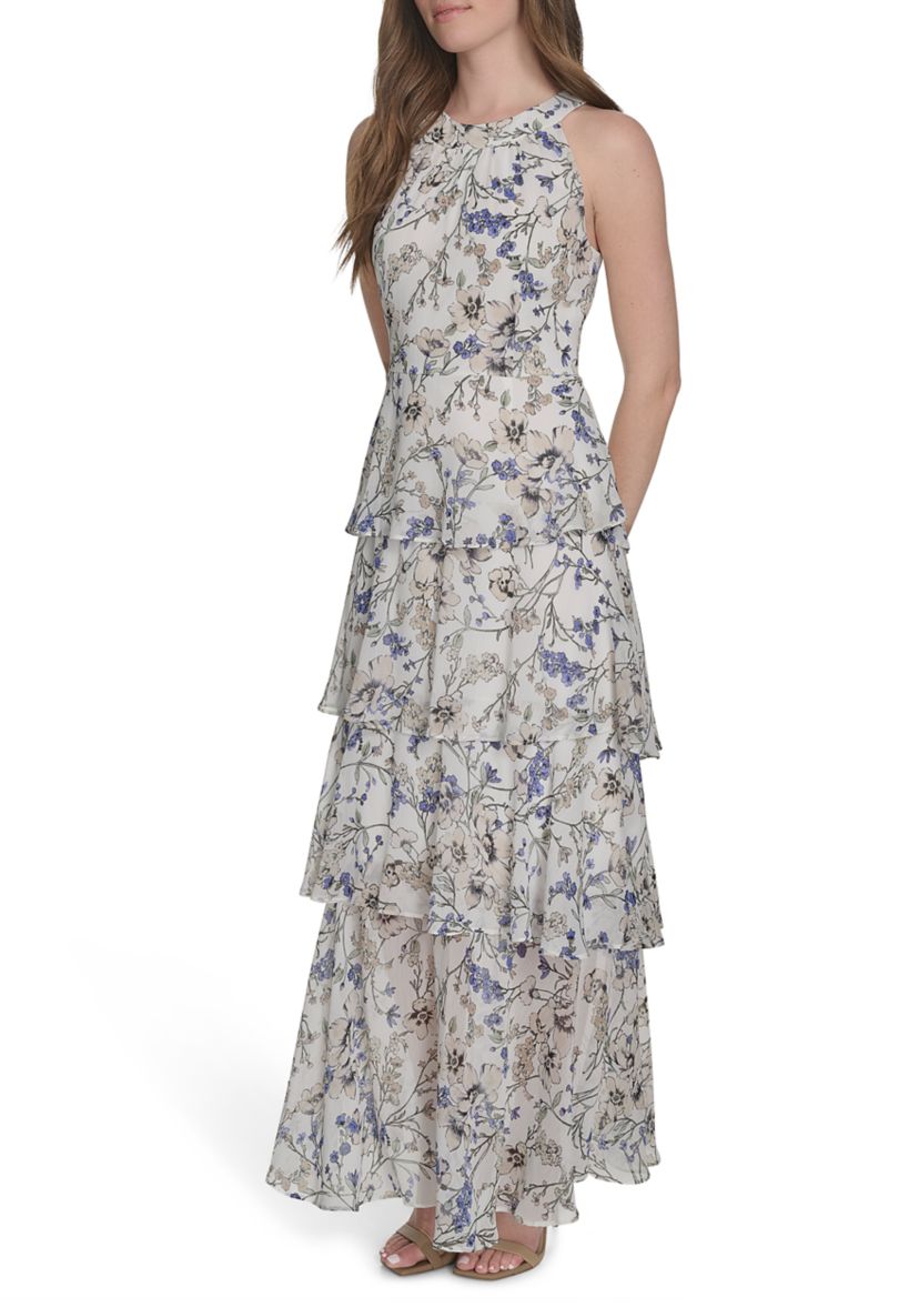 Womens Sleeveless Halter Tiered Chiffon Maxi Dress