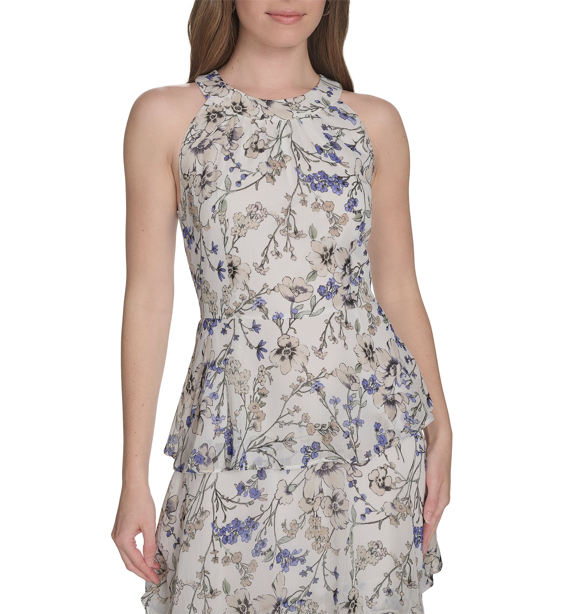 Womens Sleeveless Halter Tiered Chiffon Maxi Dress