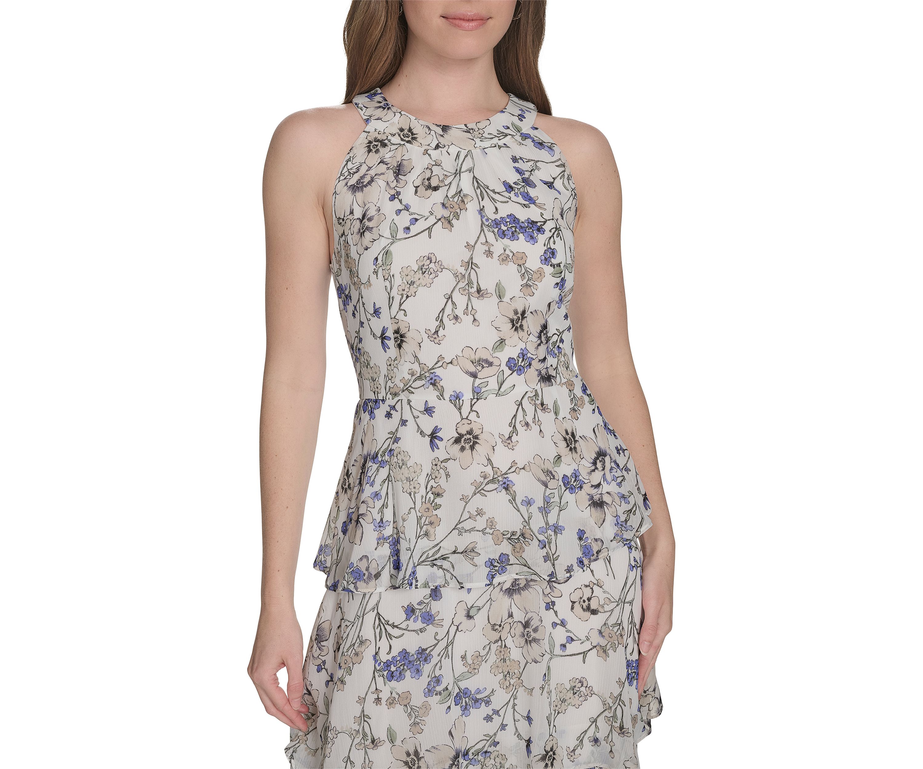 Womens Sleeveless Halter Tiered Chiffon Maxi Dress