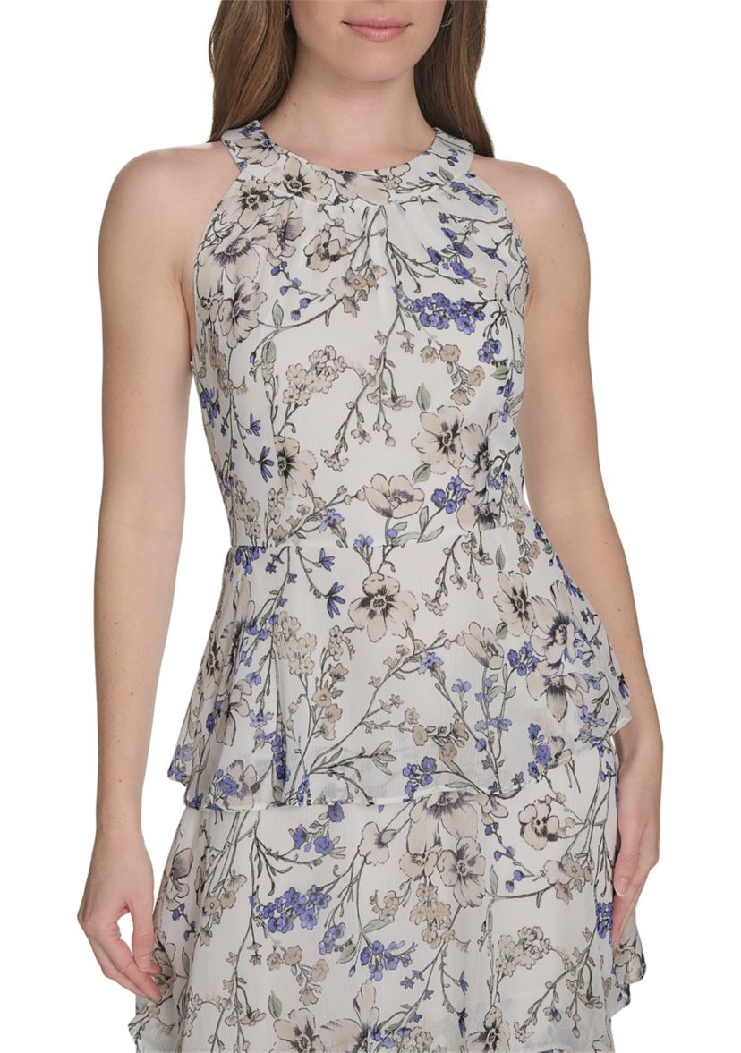 Womens Sleeveless Halter Tiered Chiffon Maxi Dress