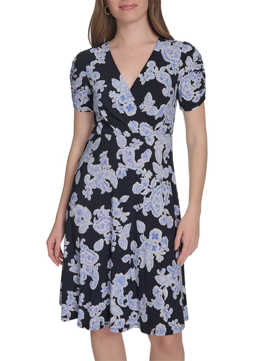 Womens Short Sleeve V-Neck Jersey Fit and Flare Dress