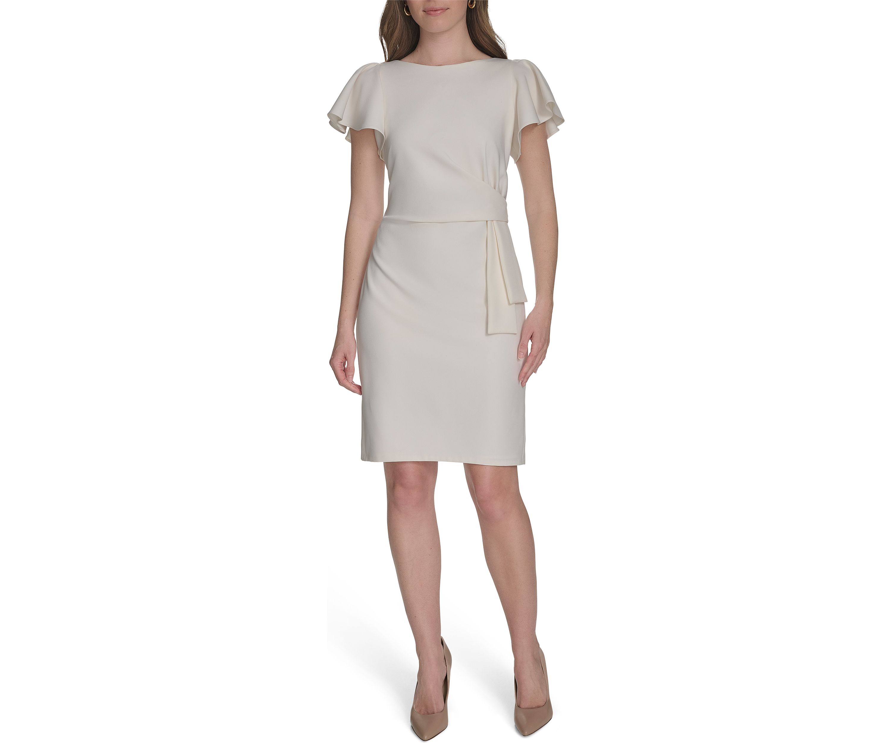 Womens Flutter Sleeve Side Draped Salon Stretch Sheath Dress