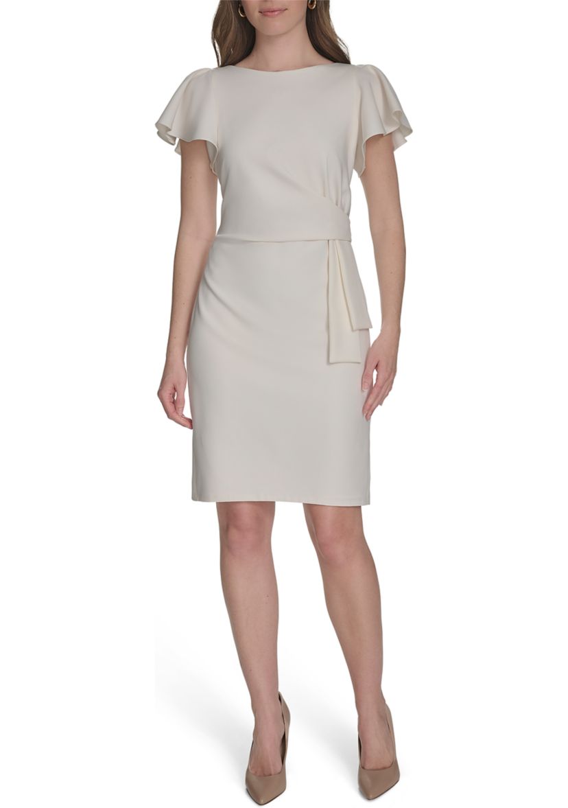 Womens Flutter Sleeve Side Draped Salon Stretch Sheath Dress