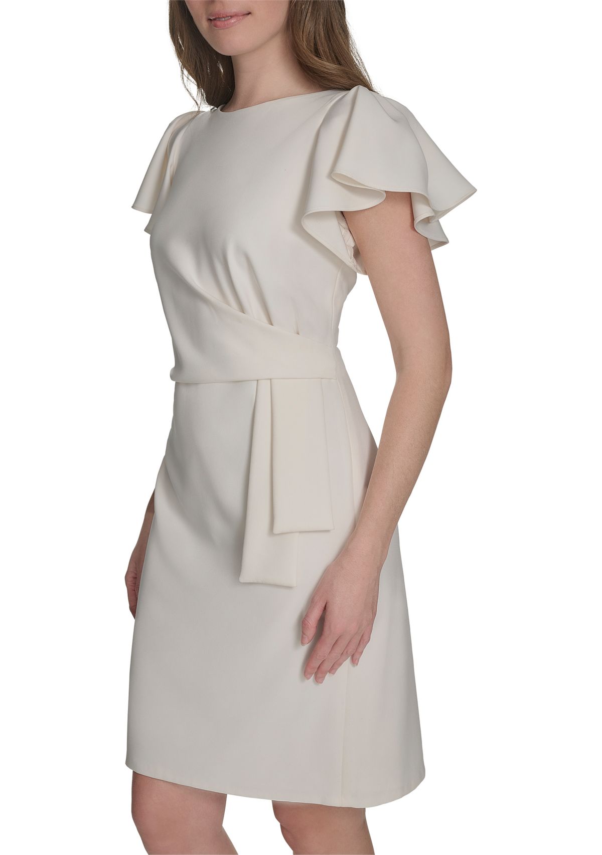 Womens Flutter Sleeve Side Draped Salon Stretch Sheath Dress
