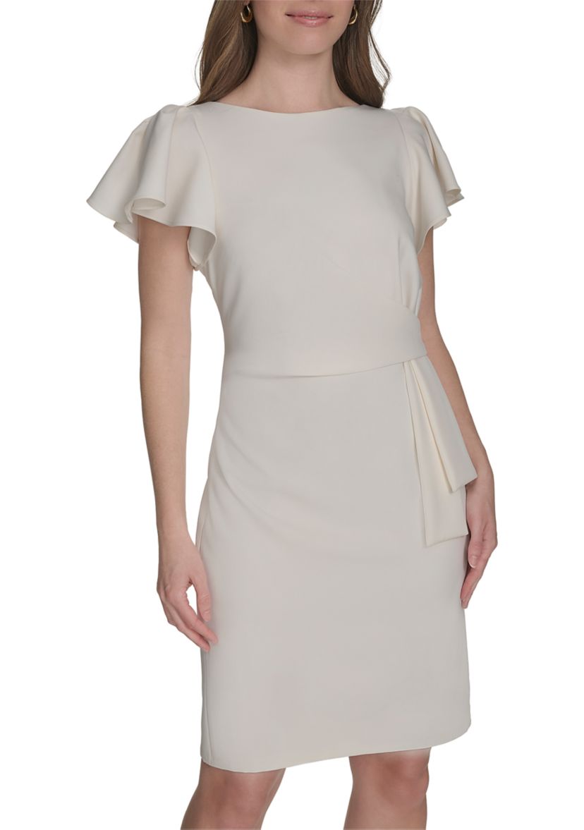 Womens Flutter Sleeve Side Draped Salon Stretch Sheath Dress