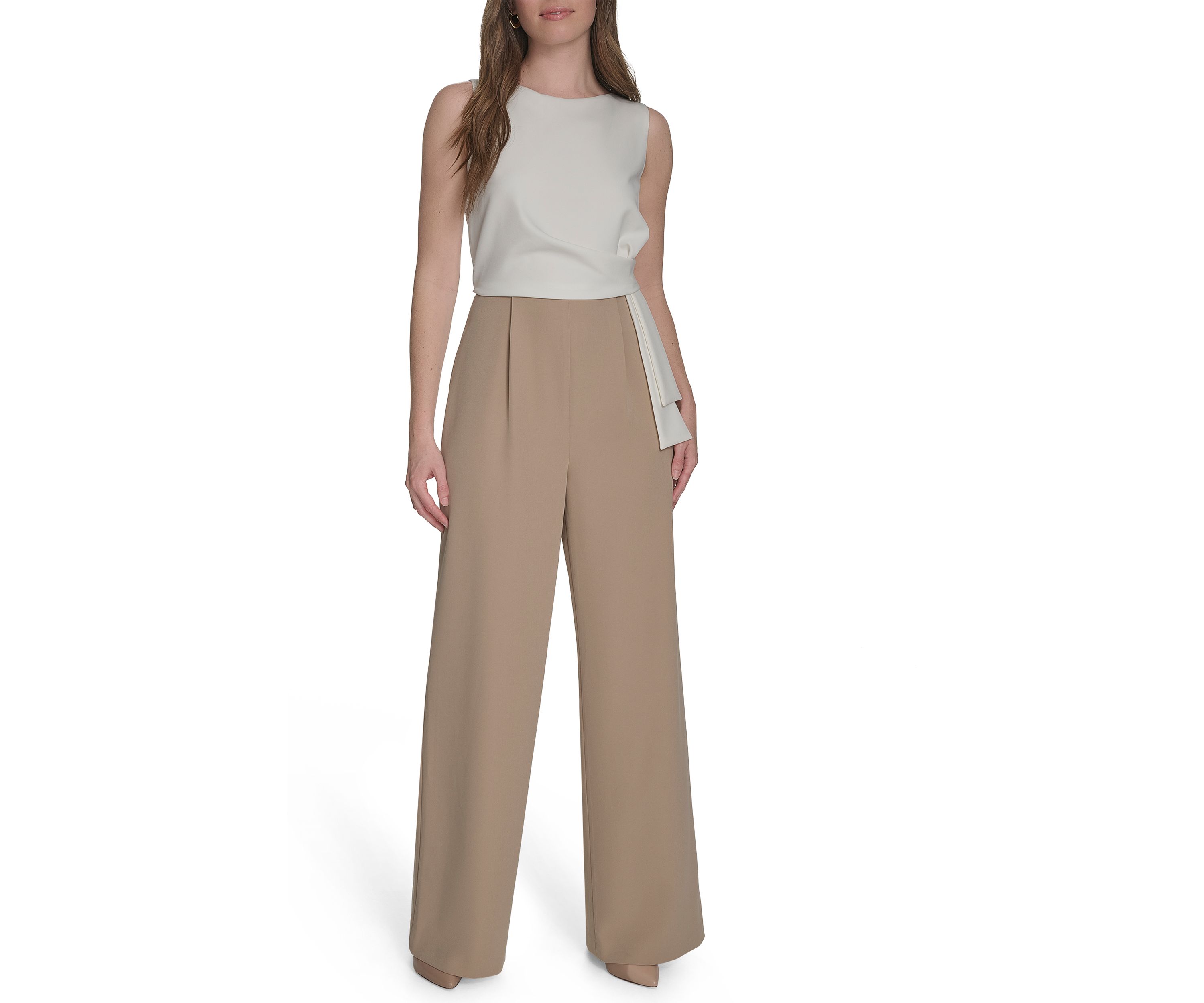 Womens Sleeveless Side Draped Salon Stretch Jumpsuit 