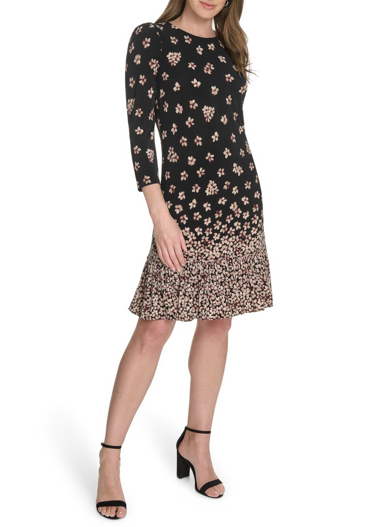 Womens 3/4 Sleeve Single Ruffle Hem Dress