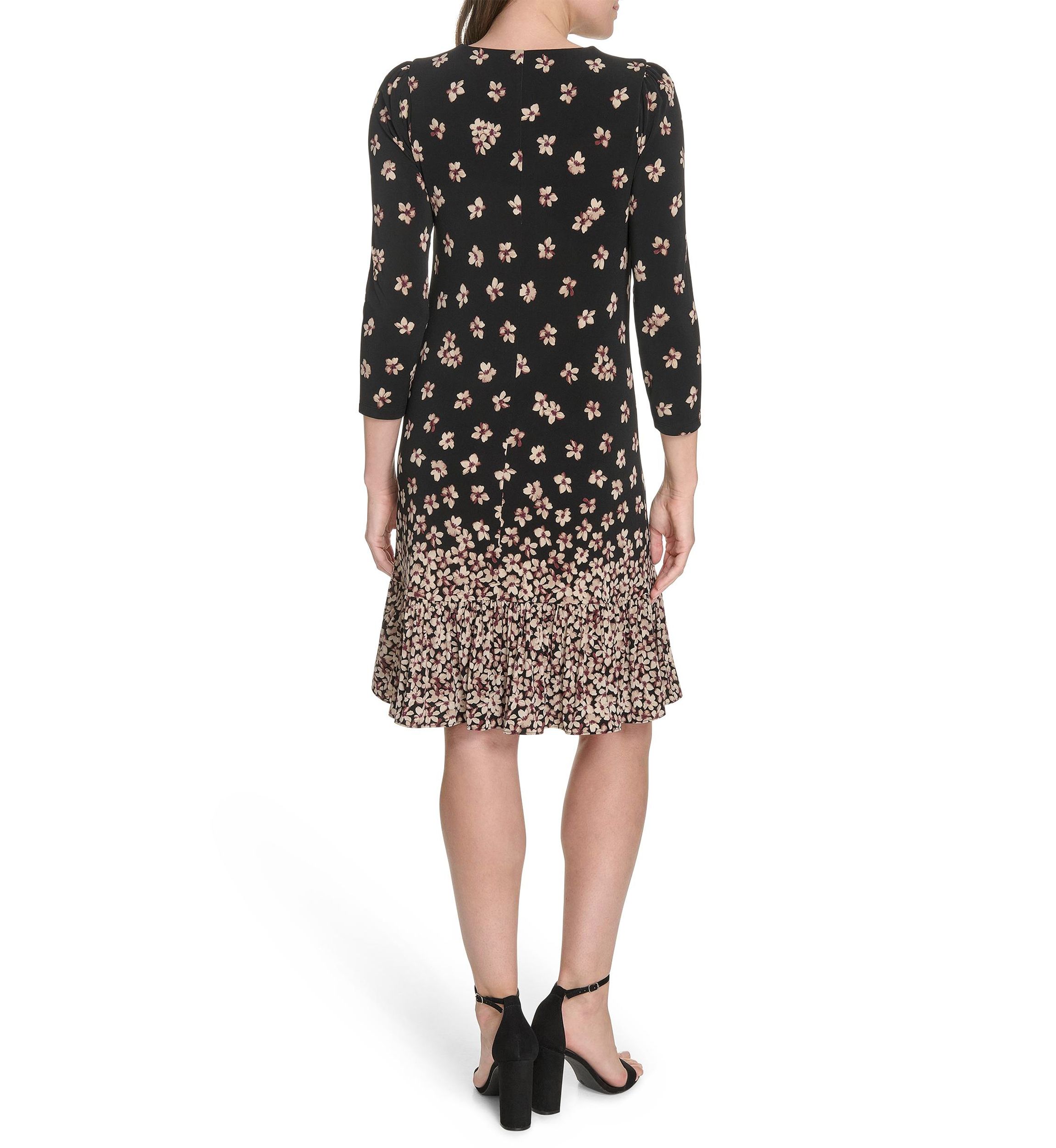 Womens 3/4 Sleeve Single Ruffle Hem Dress