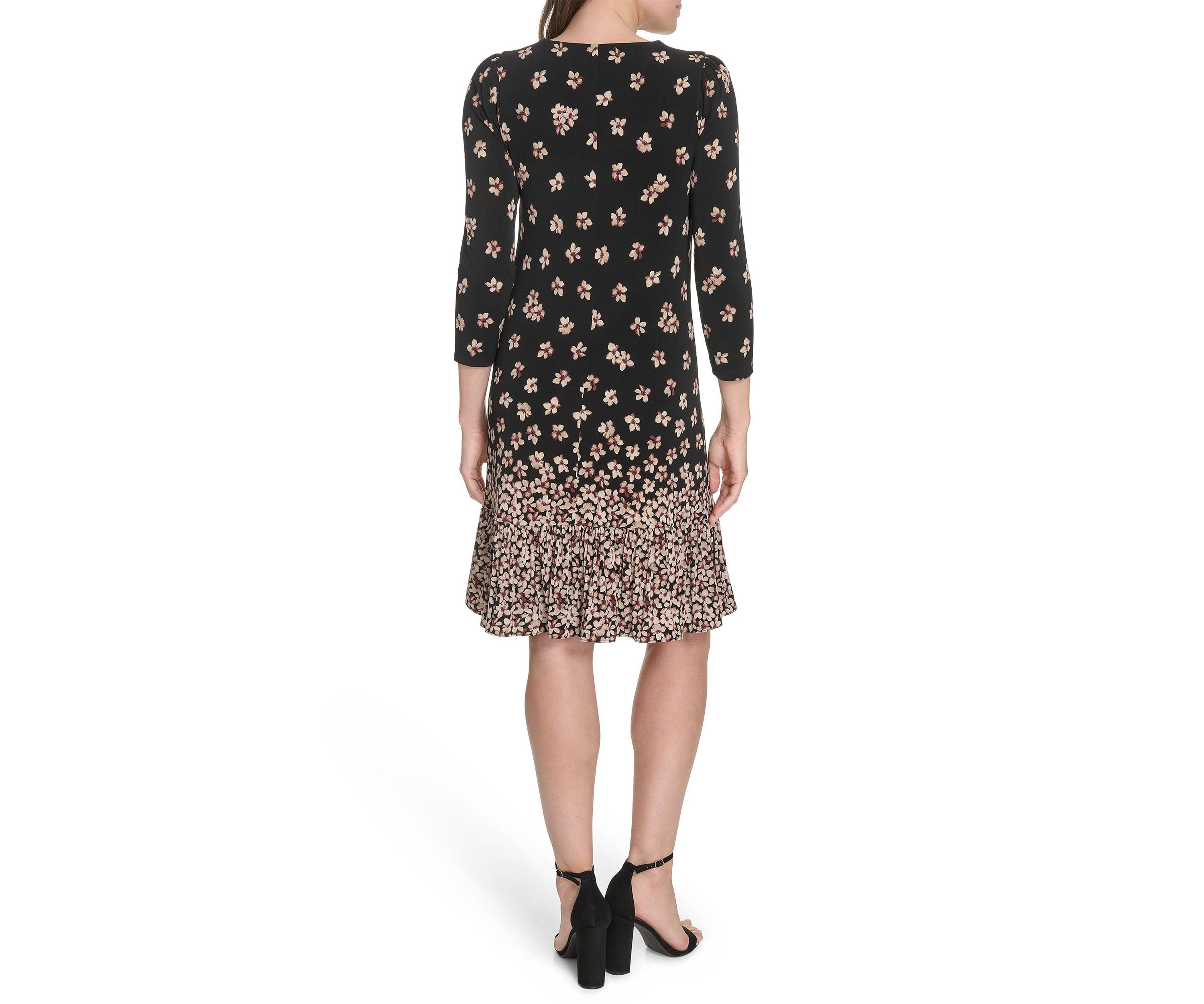 Womens 3/4 Sleeve Single Ruffle Hem Dress