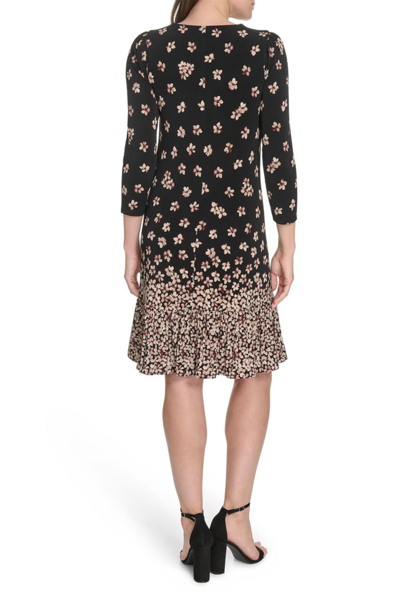 Womens 3/4 Sleeve Single Ruffle Hem Dress