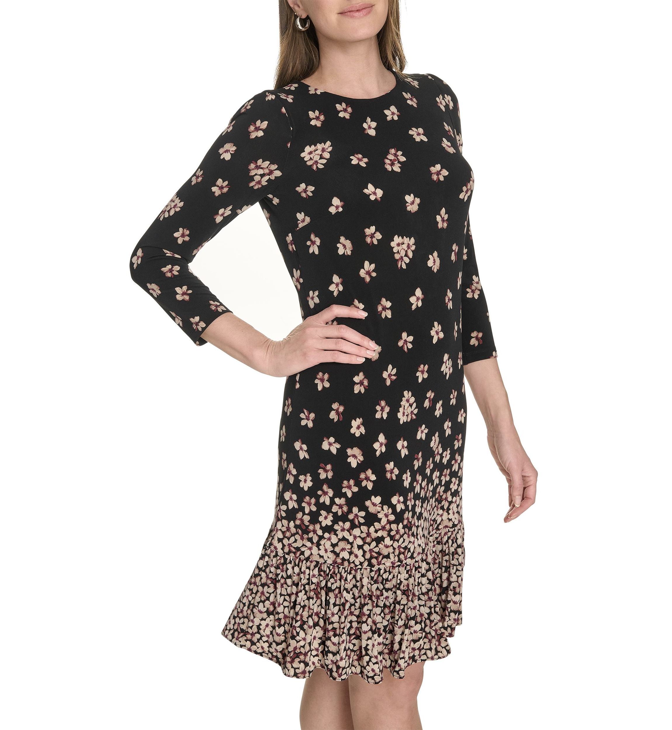 Womens 3/4 Sleeve Single Ruffle Hem Dress