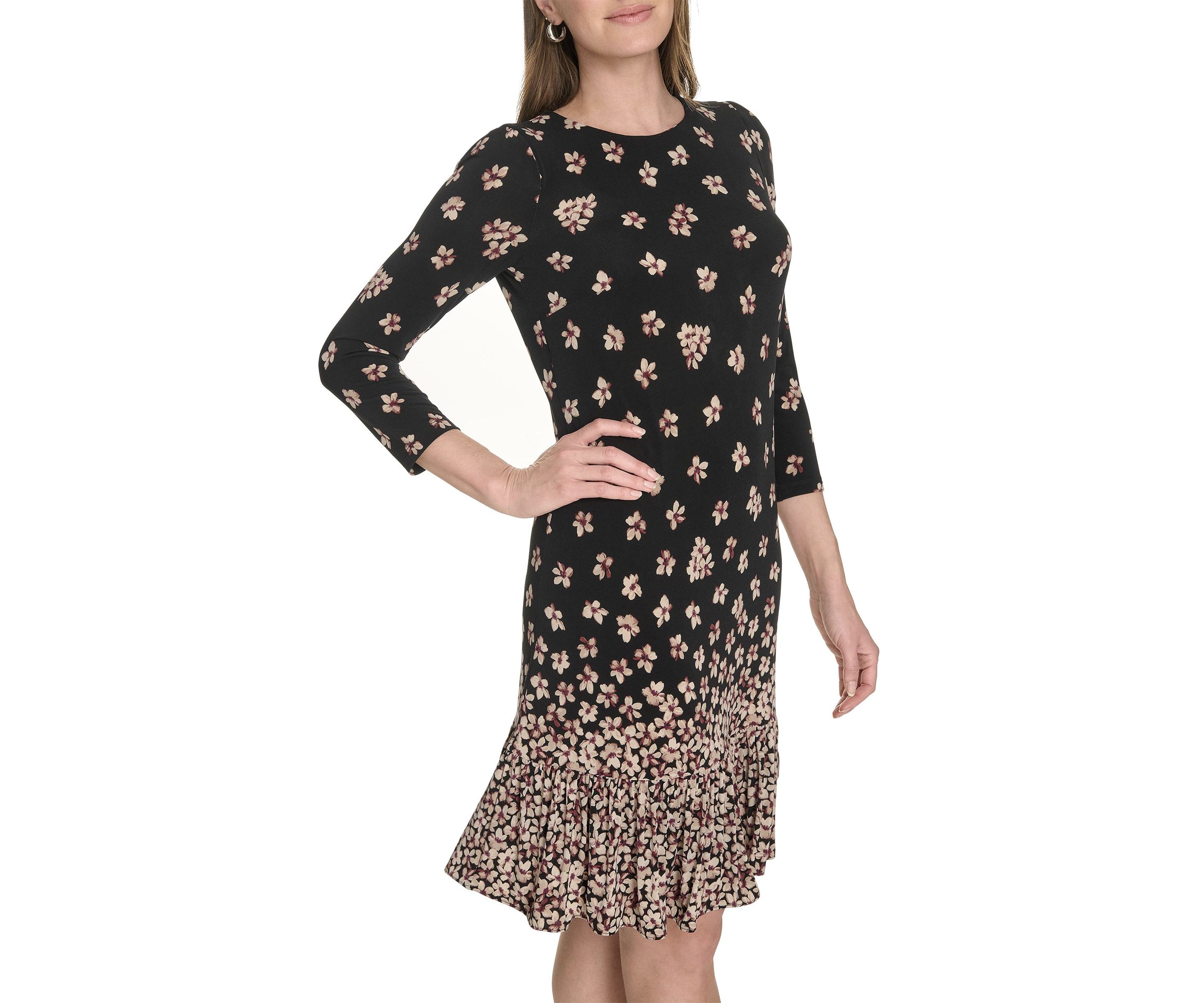 Womens 3/4 Sleeve Single Ruffle Hem Dress
