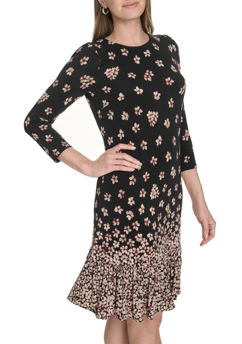 Womens 3/4 Sleeve Single Ruffle Hem Dress