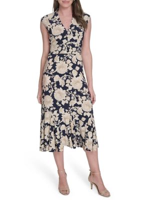 Tommy Hilfiger Women's Printed Cap Sleeve V-Neck Midi Jersey Dress, 14