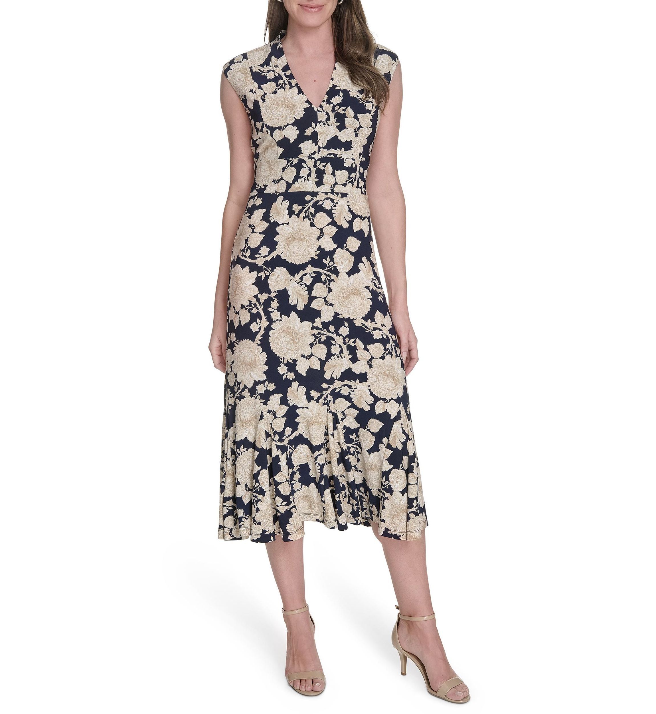 Womens Printed Cap Sleeve V-Neck Midi Jersey Dress