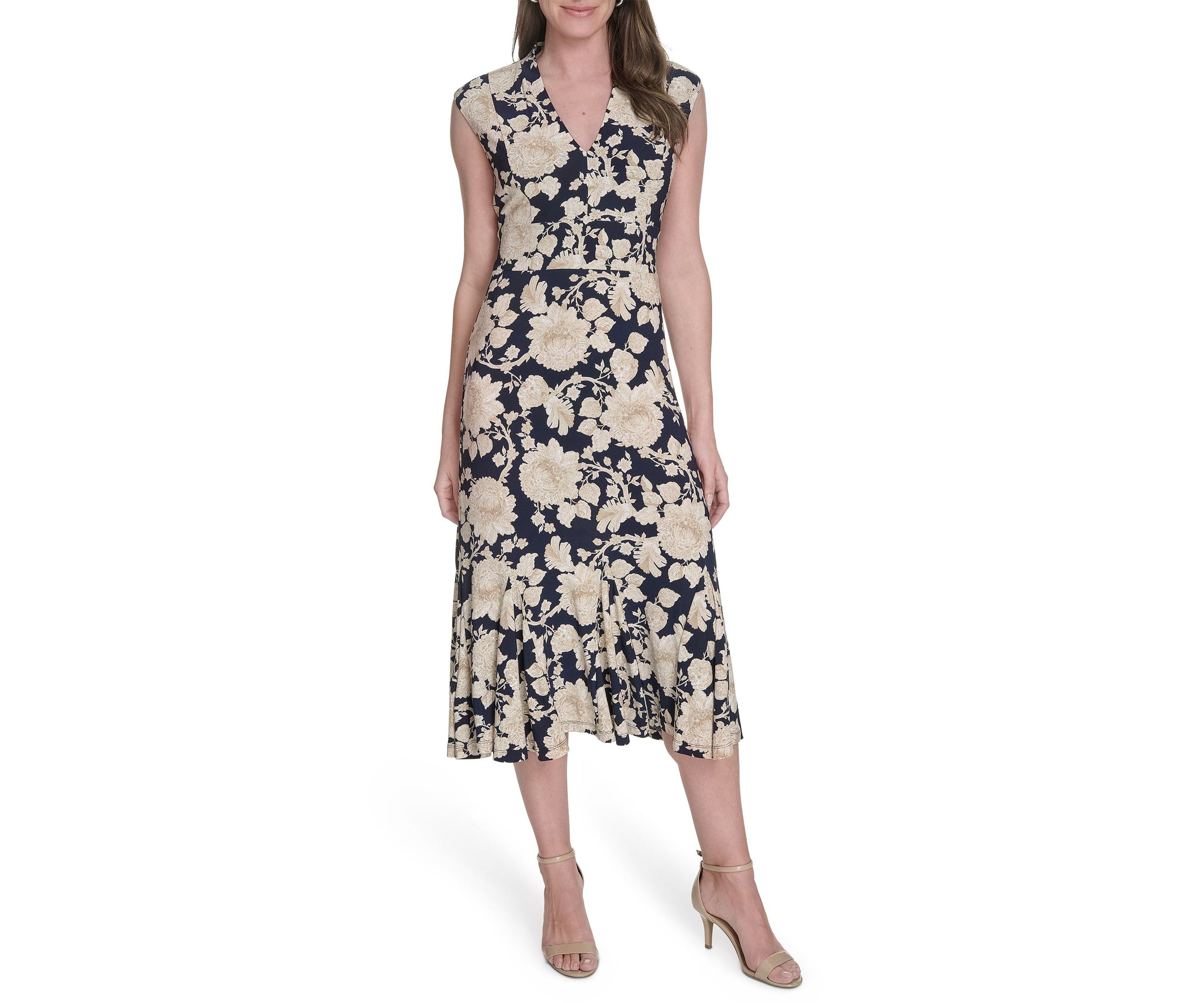 Womens Printed Cap Sleeve V-Neck Midi Jersey Dress