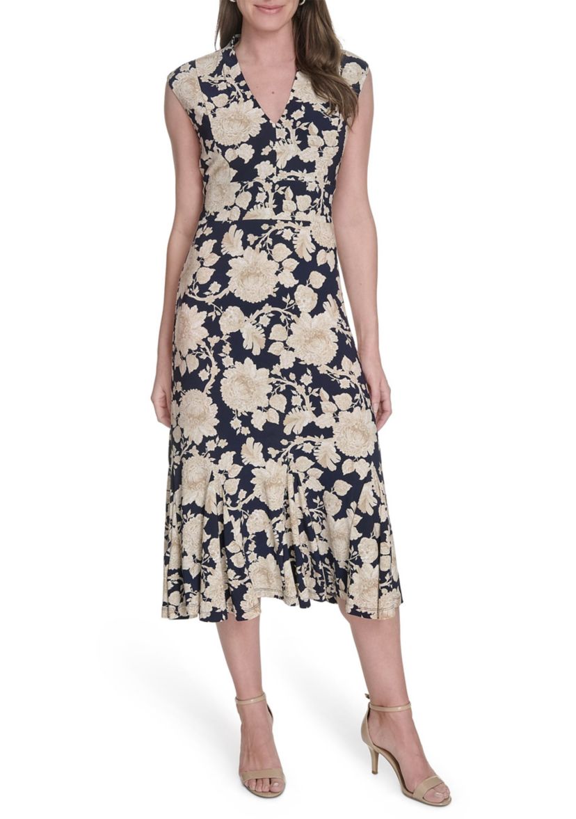 Womens Printed Cap Sleeve V-Neck Midi Jersey Dress
