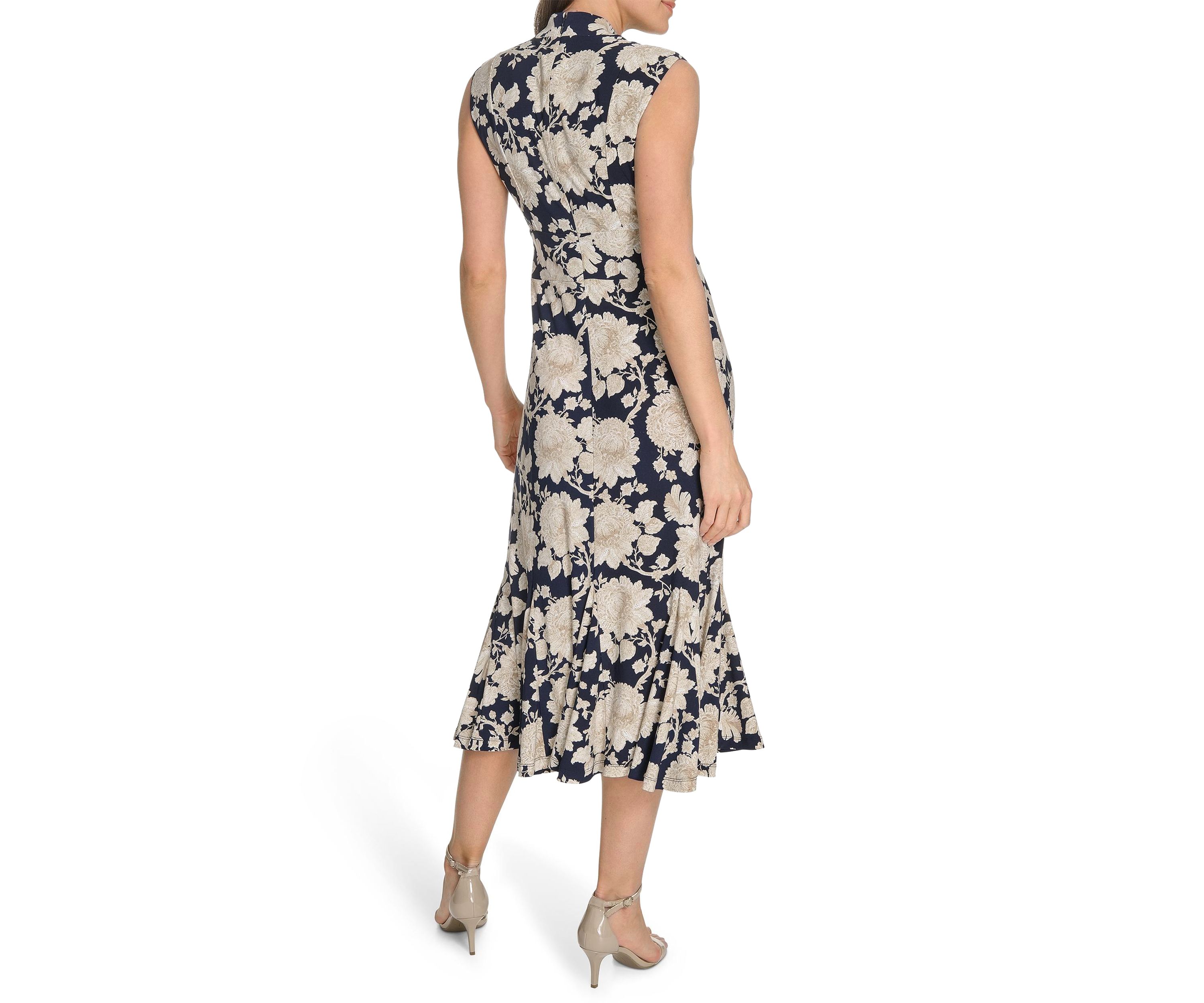 Womens Printed Cap Sleeve V-Neck Midi Jersey Dress