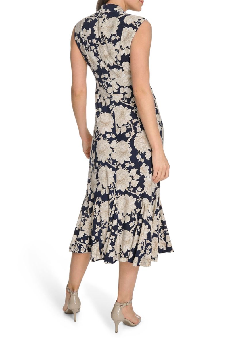 Womens Printed Cap Sleeve V-Neck Midi Jersey Dress