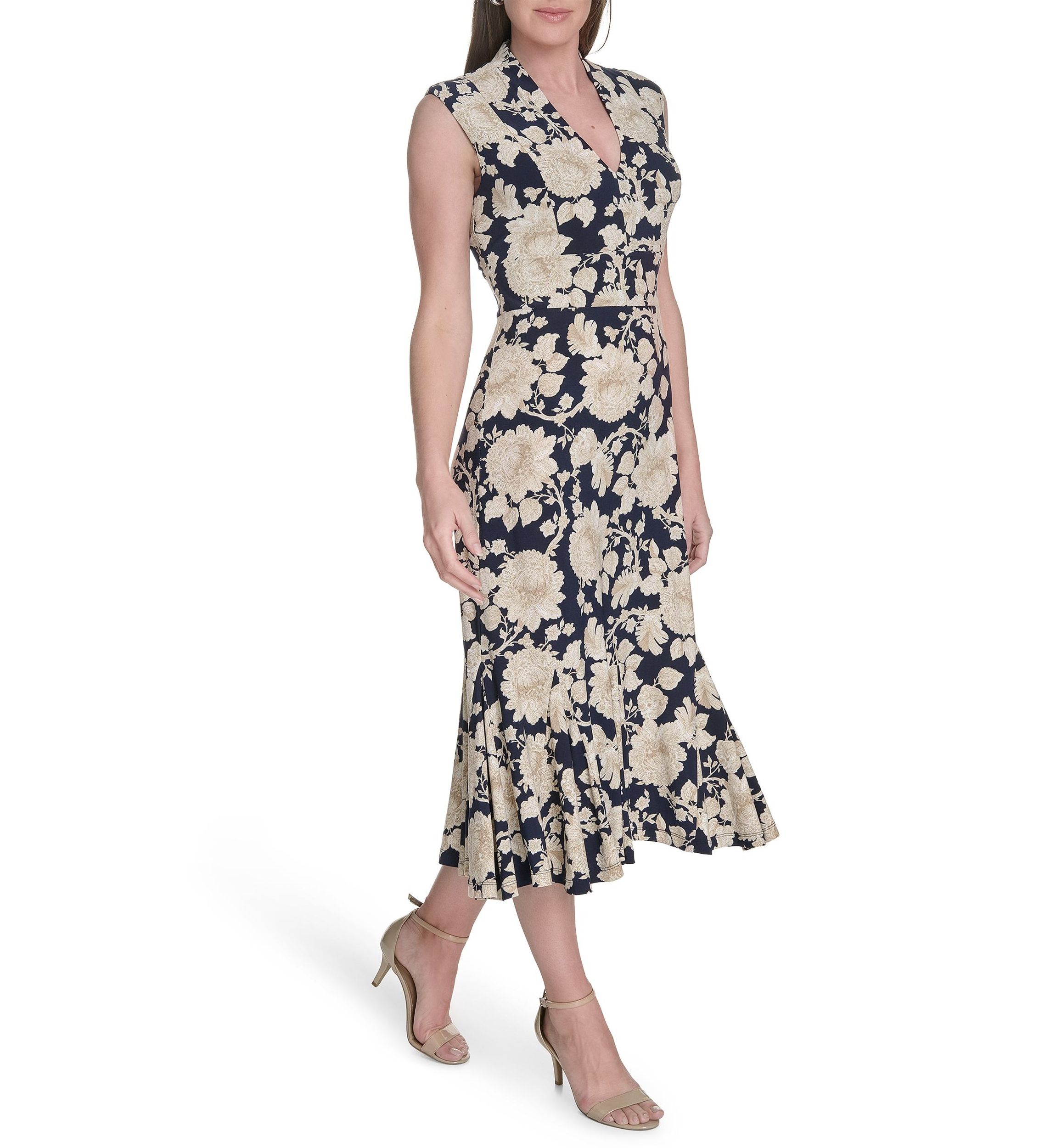 Womens Printed Cap Sleeve V-Neck Midi Jersey Dress