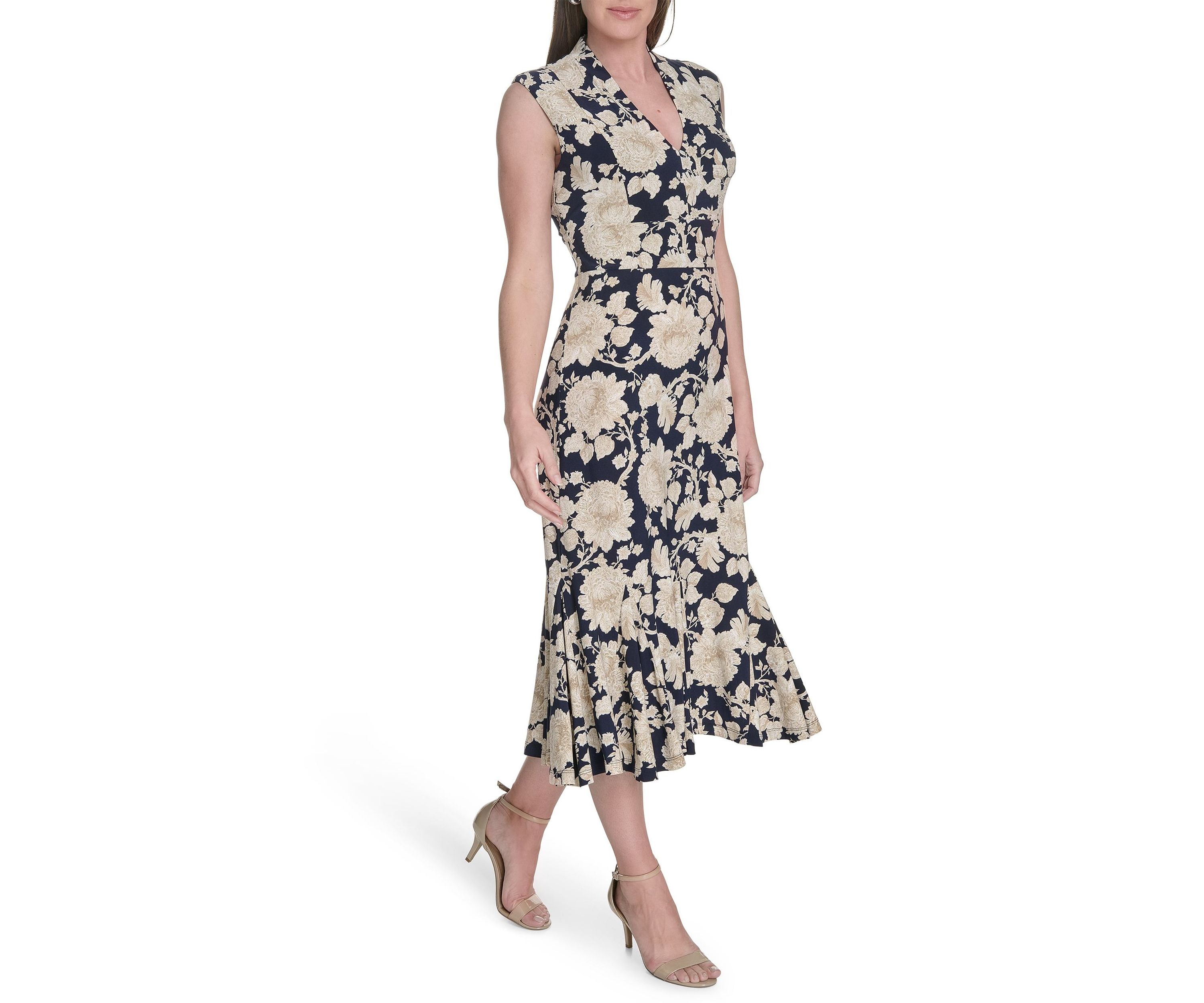Womens Printed Cap Sleeve V-Neck Midi Jersey Dress