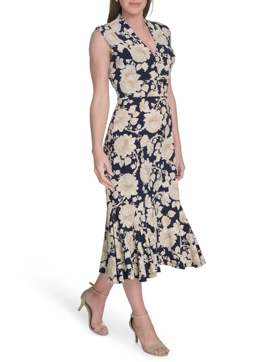 Womens Printed Cap Sleeve V-Neck Midi Jersey Dress