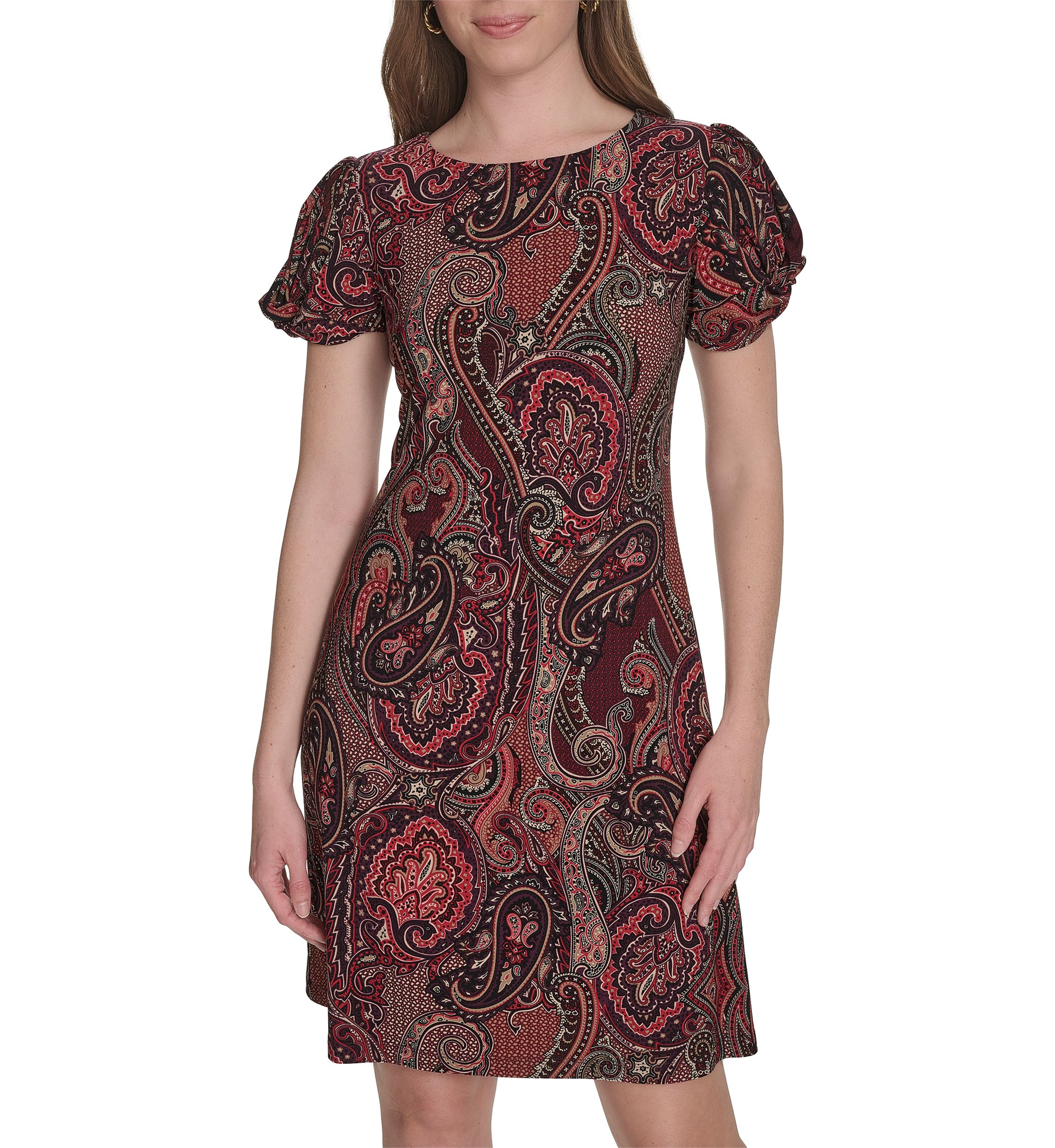 Twist Sleeve Jersey Paisley Shift Dress 