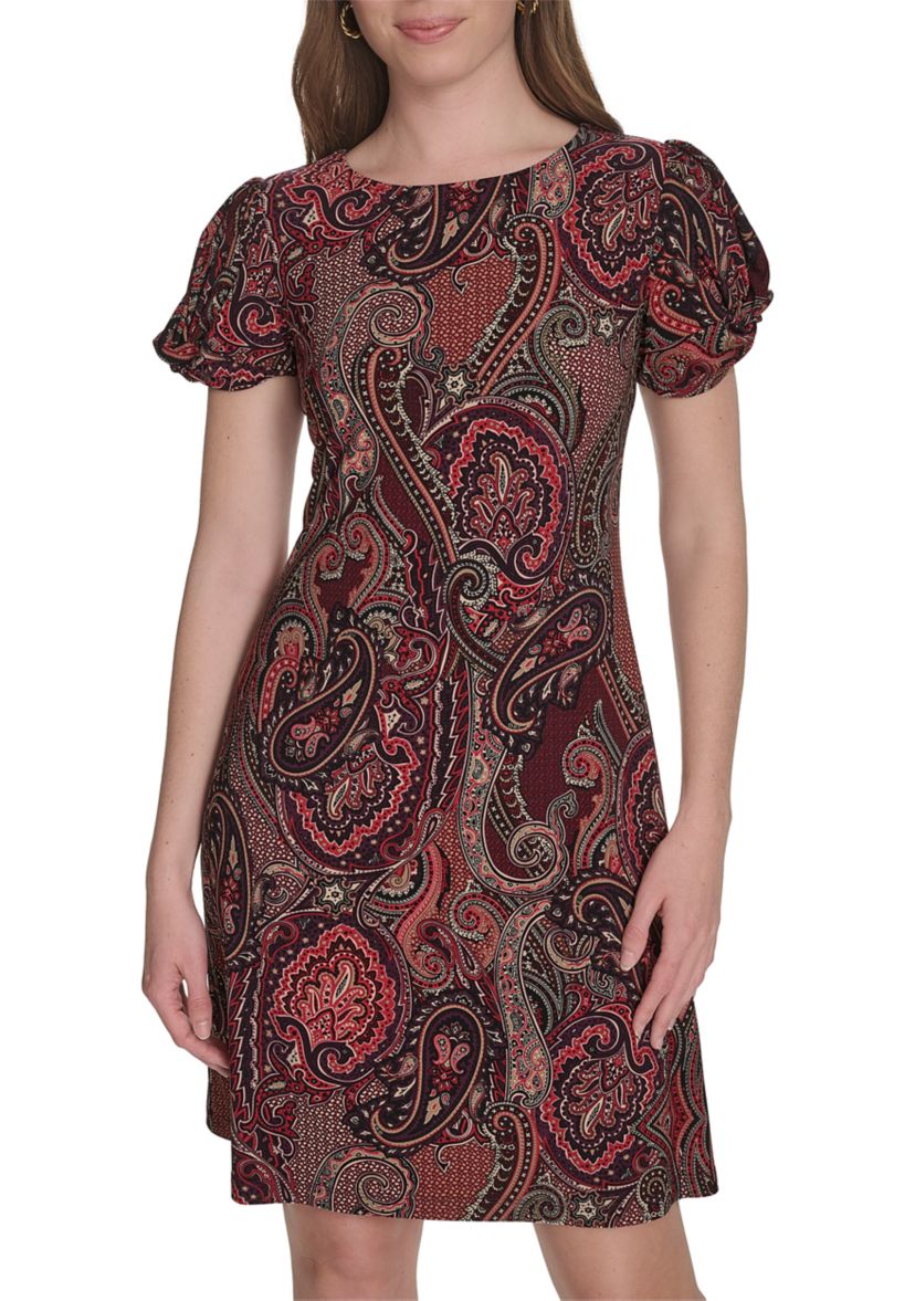 Twist Sleeve Jersey Paisley Shift Dress 