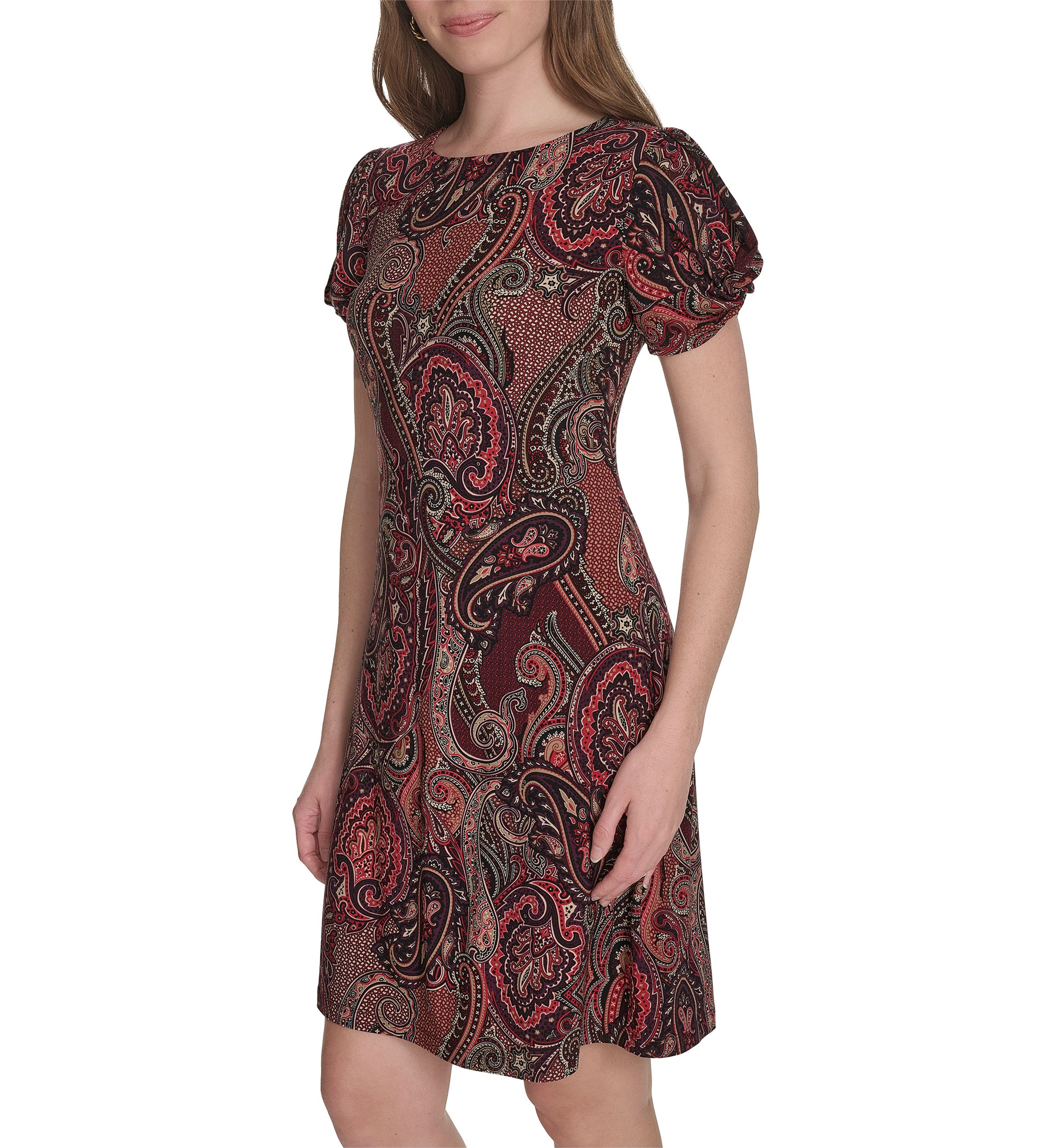 Twist Sleeve Jersey Paisley Shift Dress 
