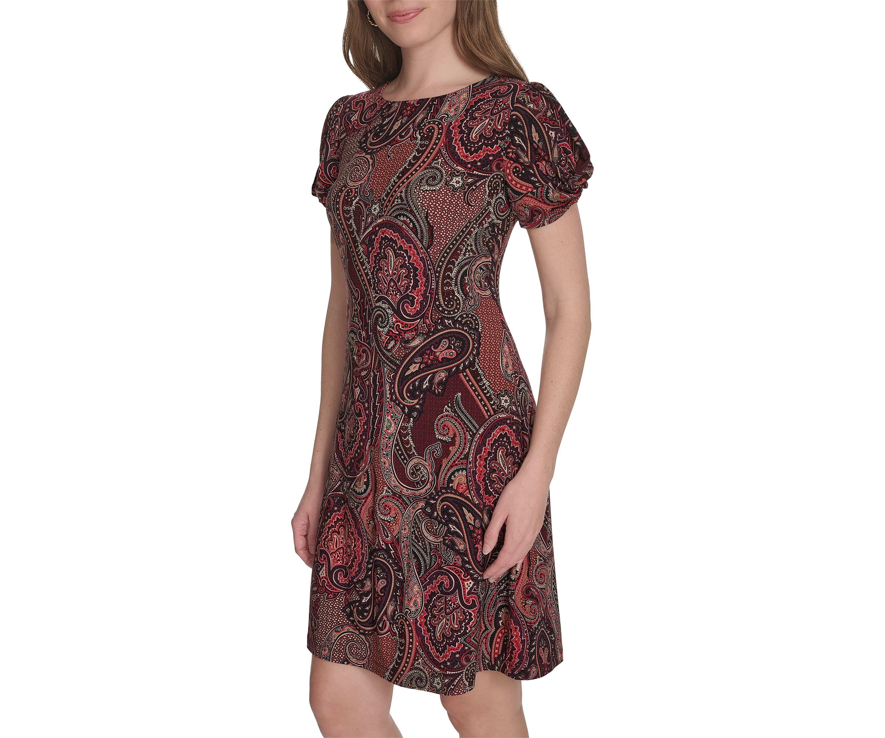 Twist Sleeve Jersey Paisley Shift Dress 