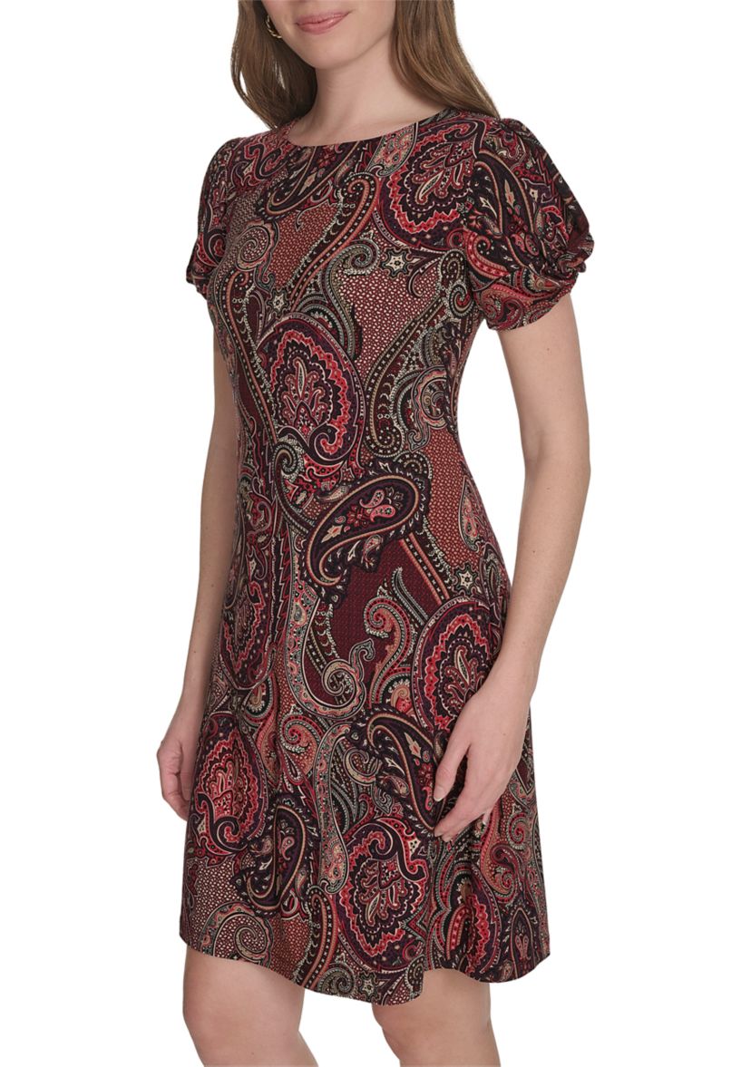 Twist Sleeve Jersey Paisley Shift Dress 