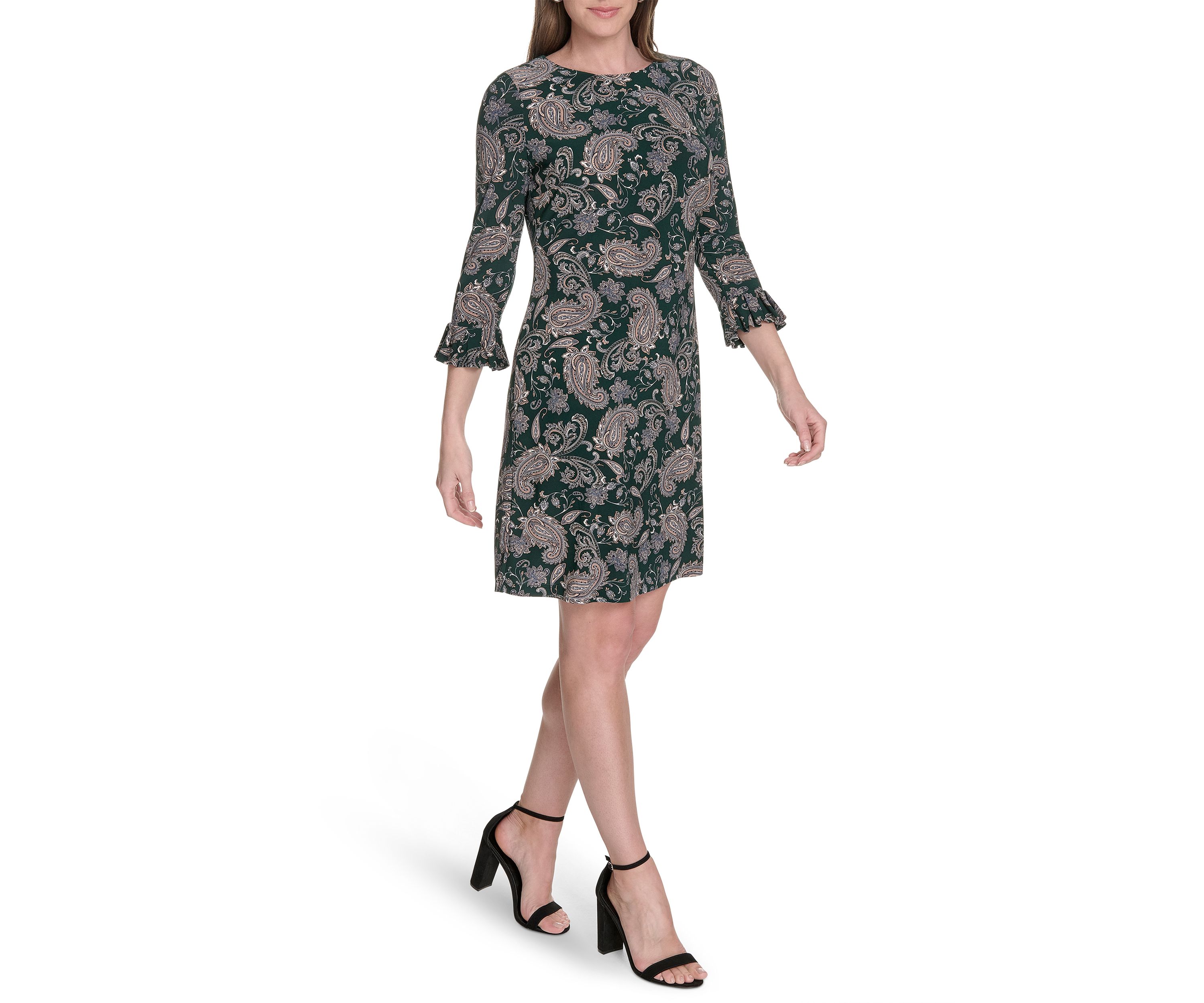 Womens 3/4 Length Sleeve Pleated Cuff Shirtdress