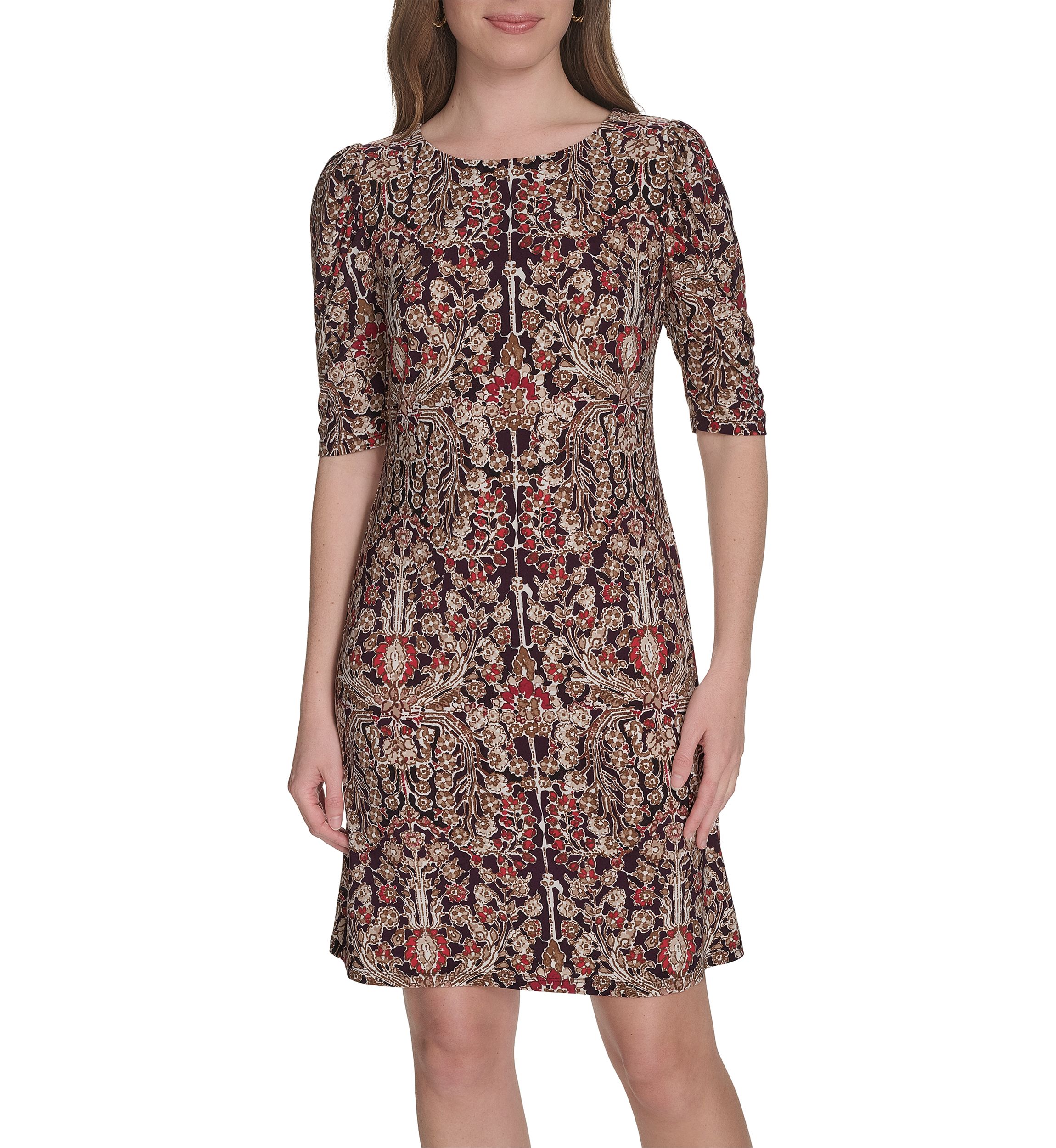 Womens Short Ruched Sleeve Jersey Shift Dress 