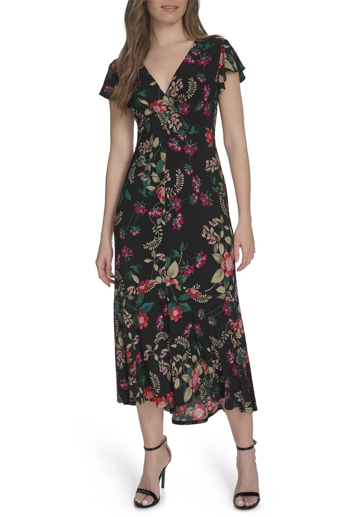 Womens Flutter Sleeve V-Neck Midi Dress