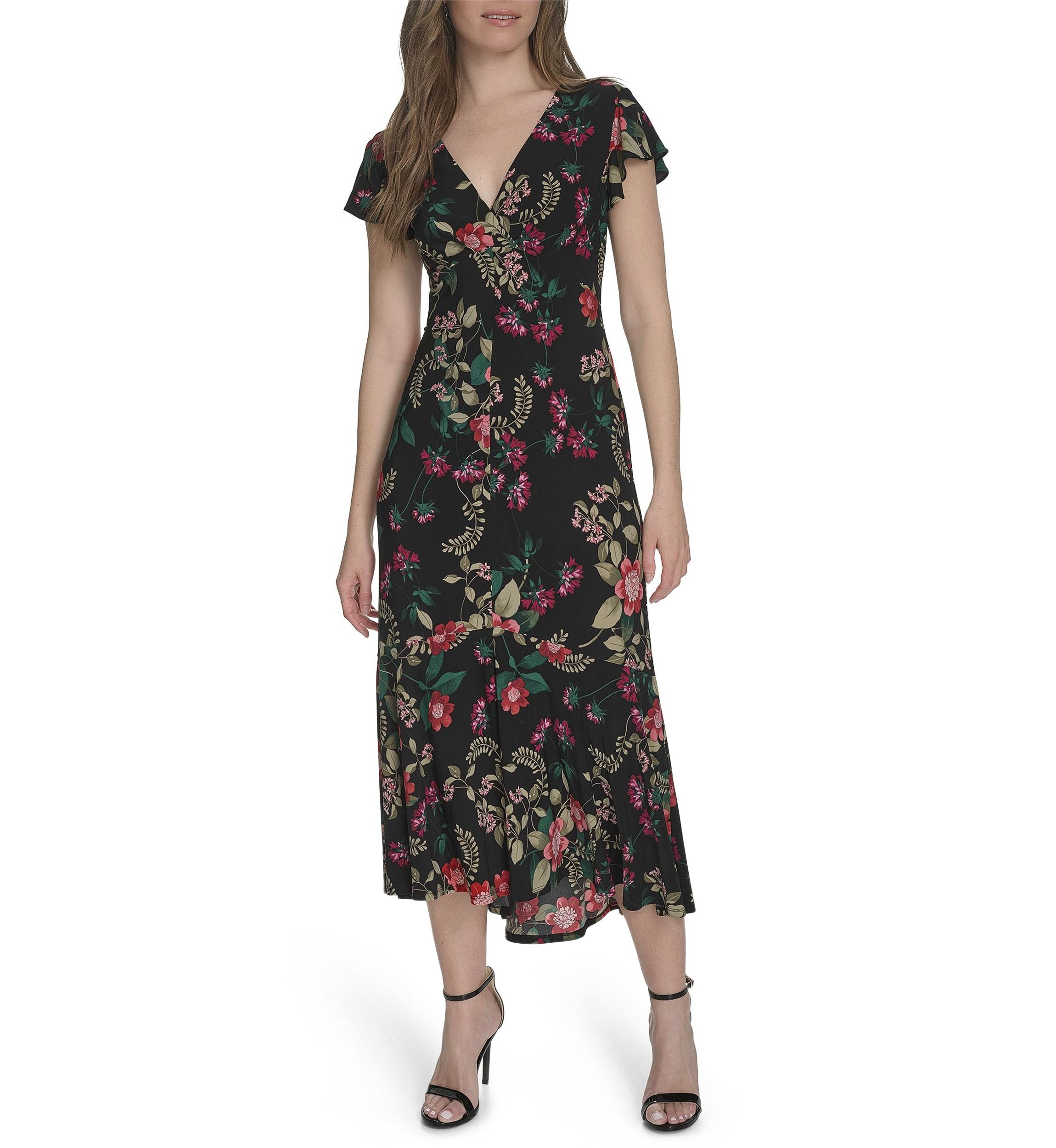 Womens Flutter Sleeve V-Neck Midi Dress