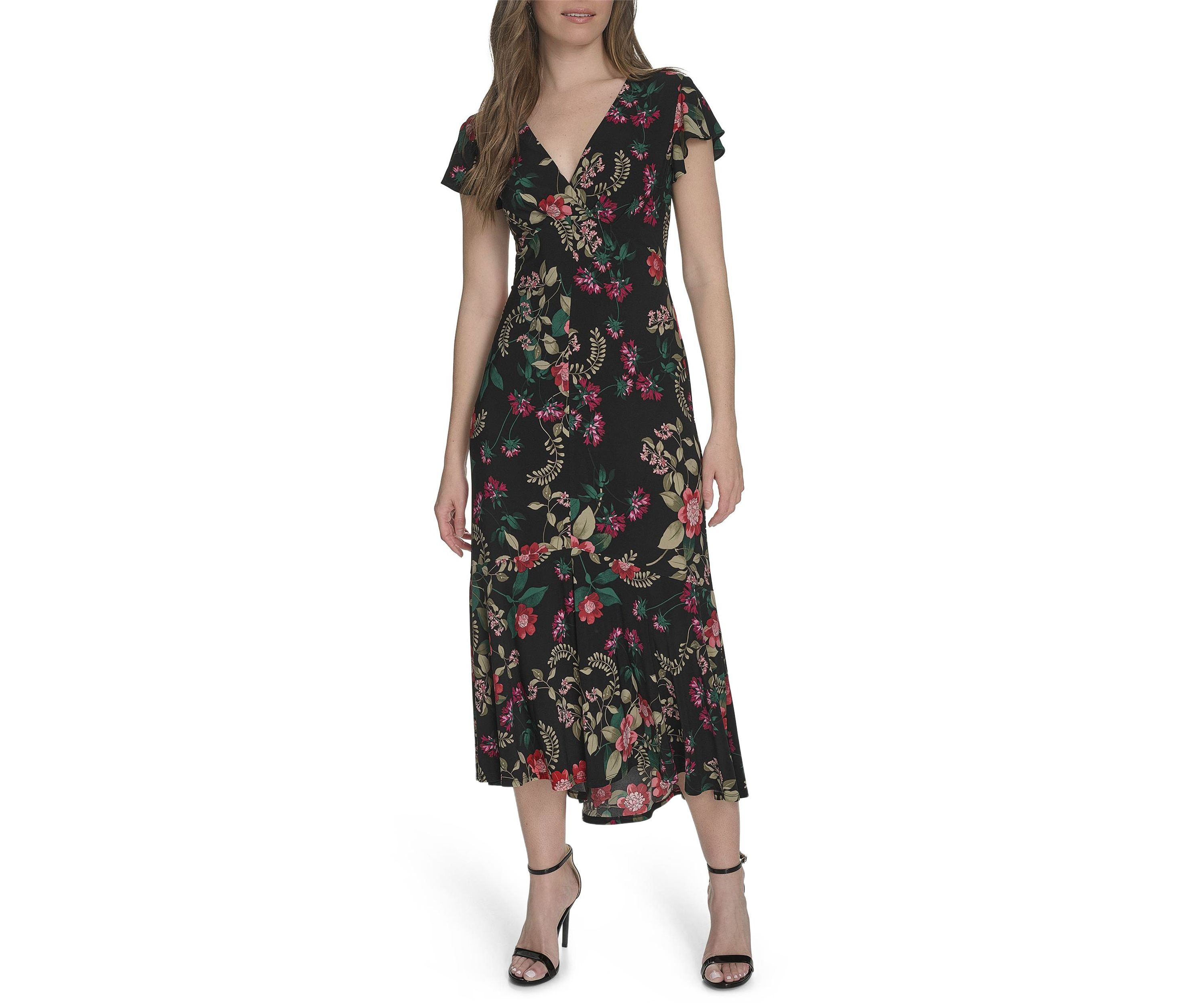 Womens Flutter Sleeve V-Neck Midi Dress