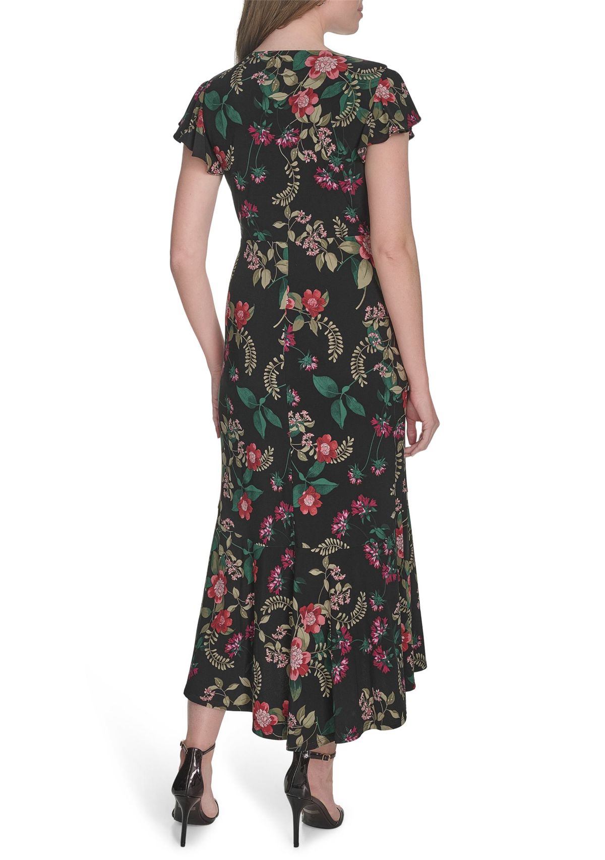 Womens Flutter Sleeve V-Neck Midi Dress