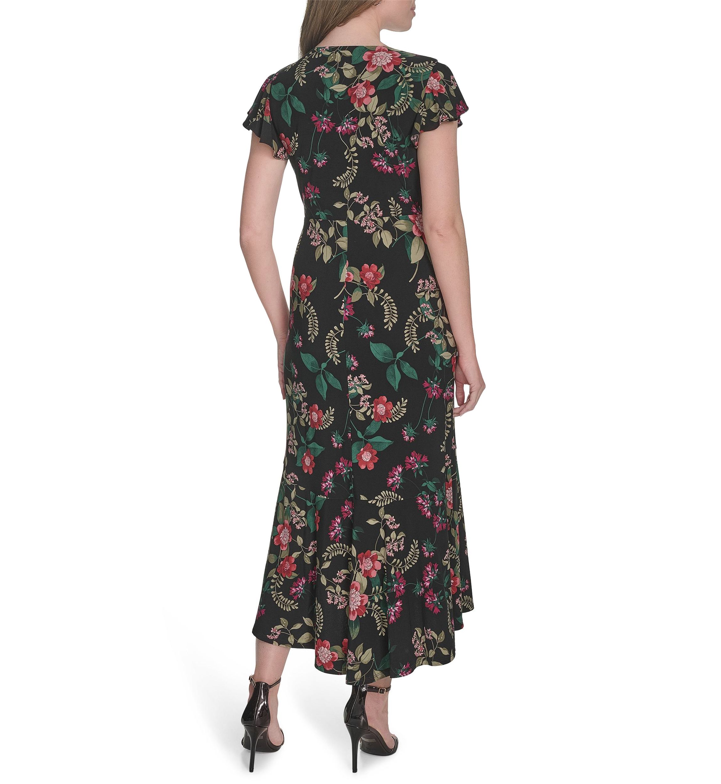 Womens Flutter Sleeve V-Neck Midi Dress