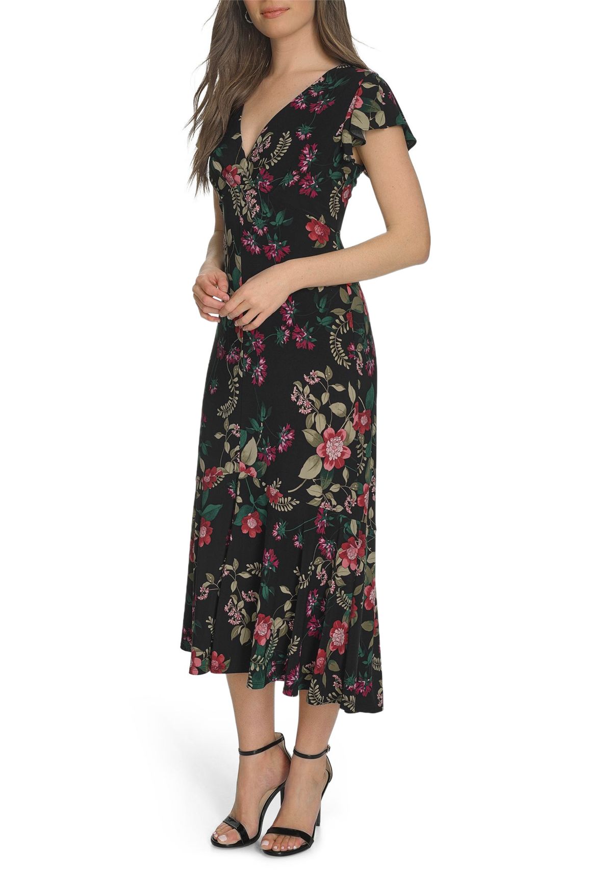 Womens Flutter Sleeve V-Neck Midi Dress
