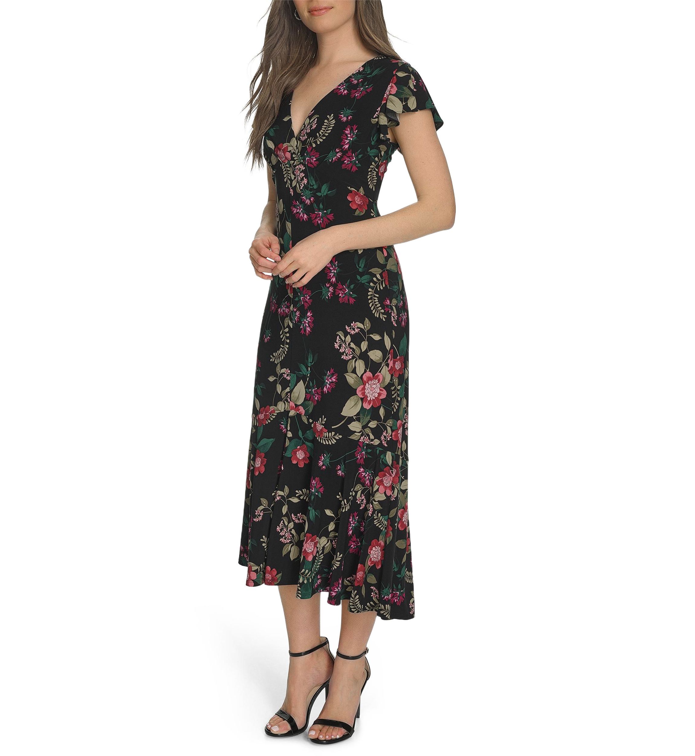 Womens Flutter Sleeve V-Neck Midi Dress