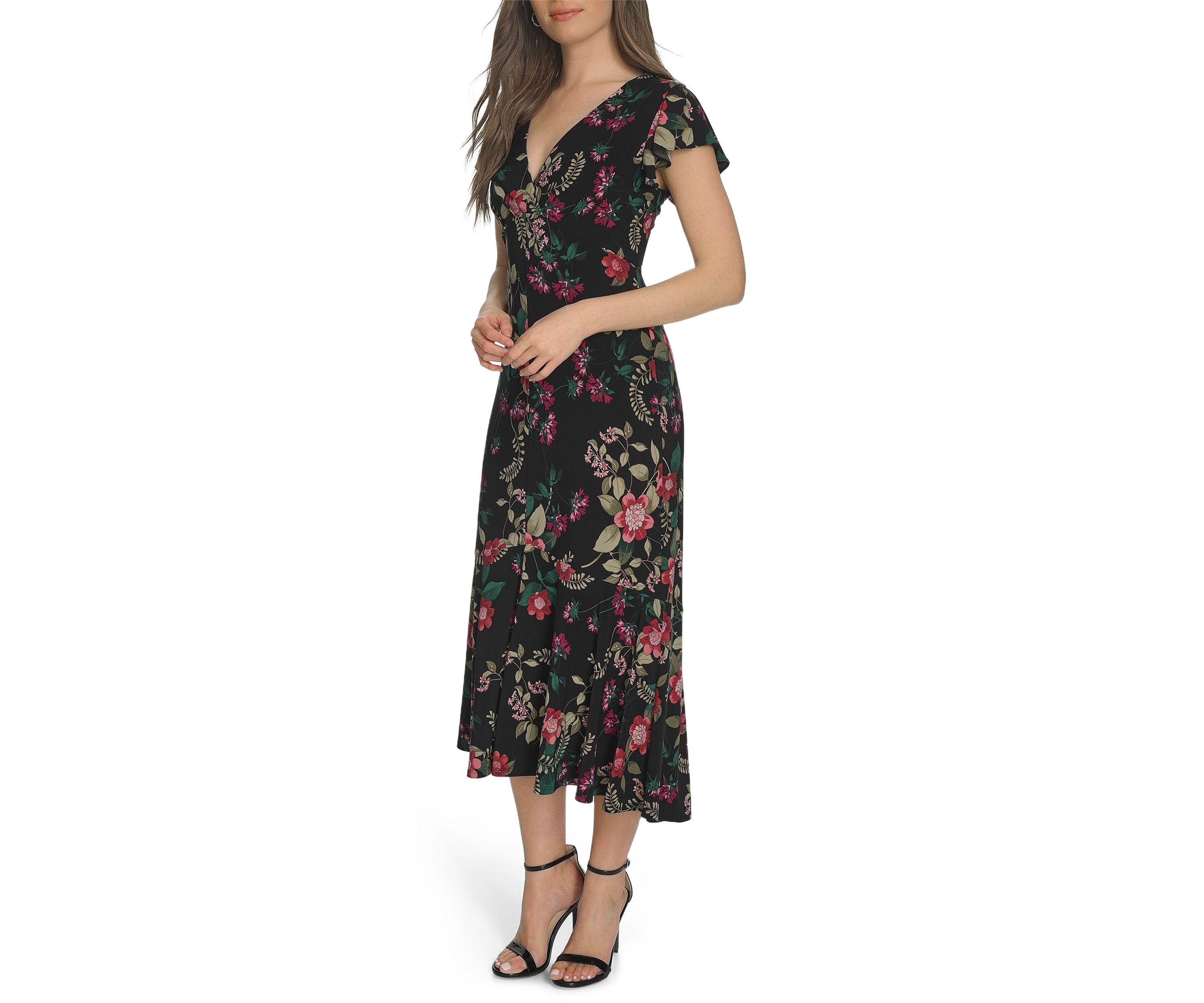 Womens Flutter Sleeve V-Neck Midi Dress